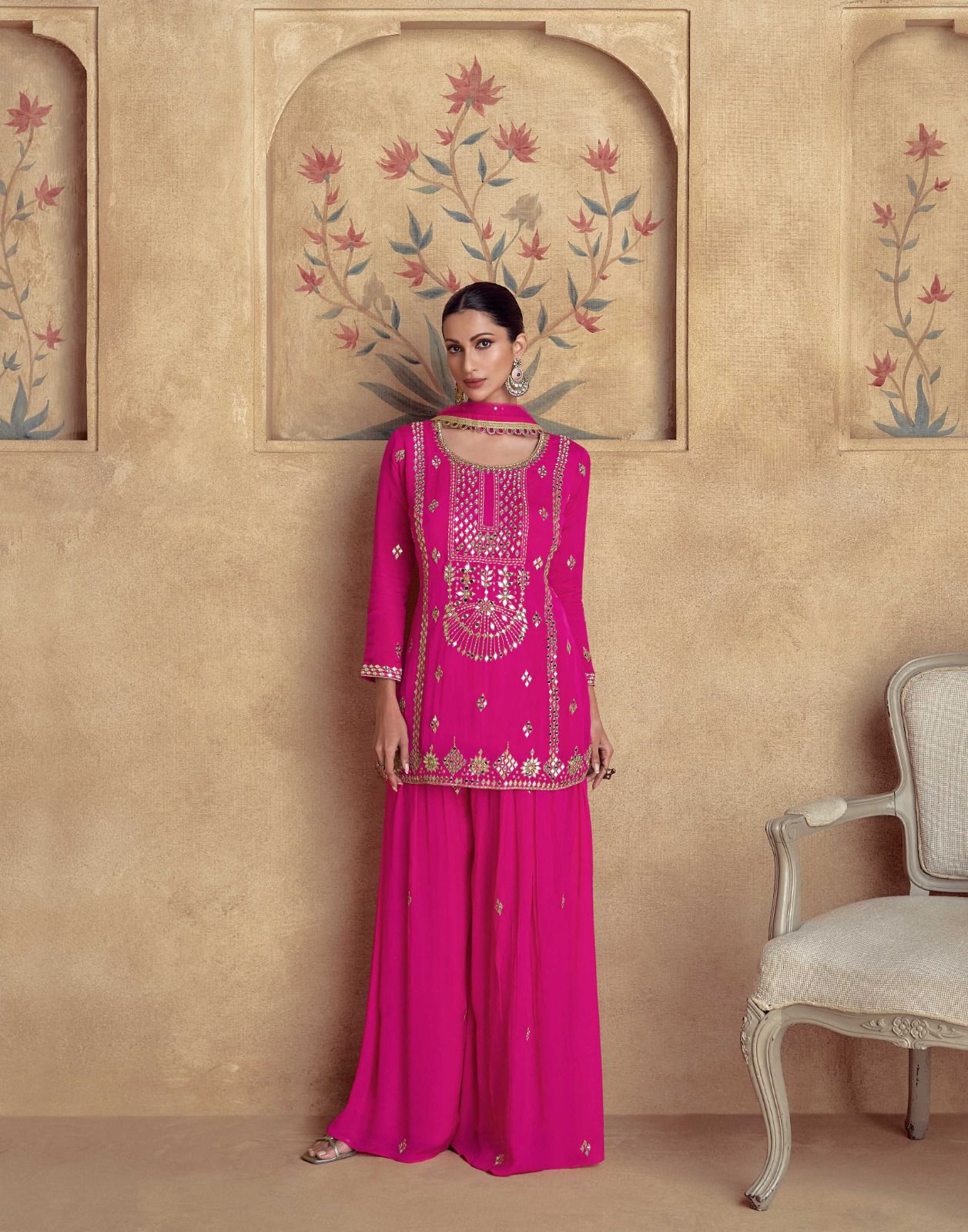 Elegant Chinnon Silk Wedding Suit Set with Net Dupatta – Free Size