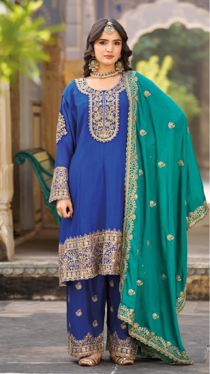 Royal Afgani Suit Set in Heavy Chinon with Embroidered Dupatta