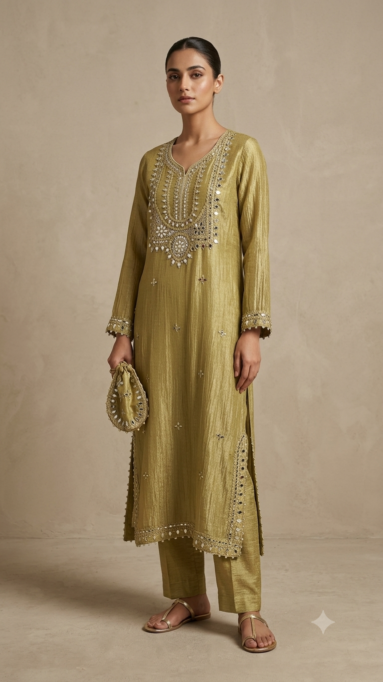 Antique Olive Gold Crush Handwork Suit with Pants