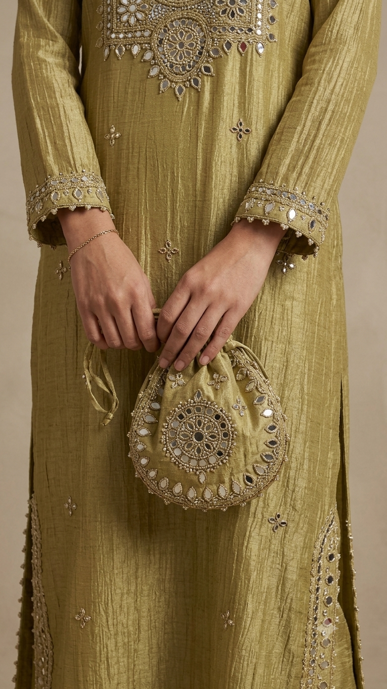 Antique Olive Gold Crush Handwork Suit with Pants