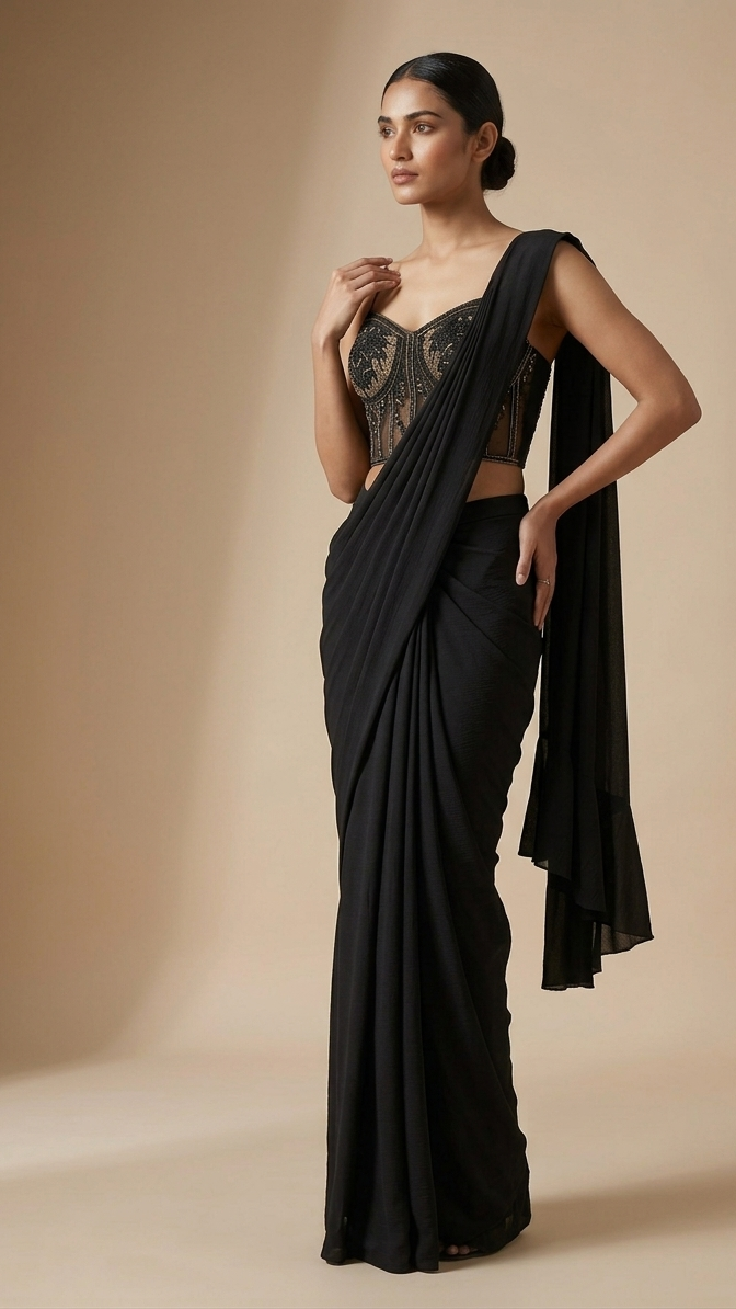 Midnight Black Designer Pre-Draped Saree with Embellished Corset Blouse