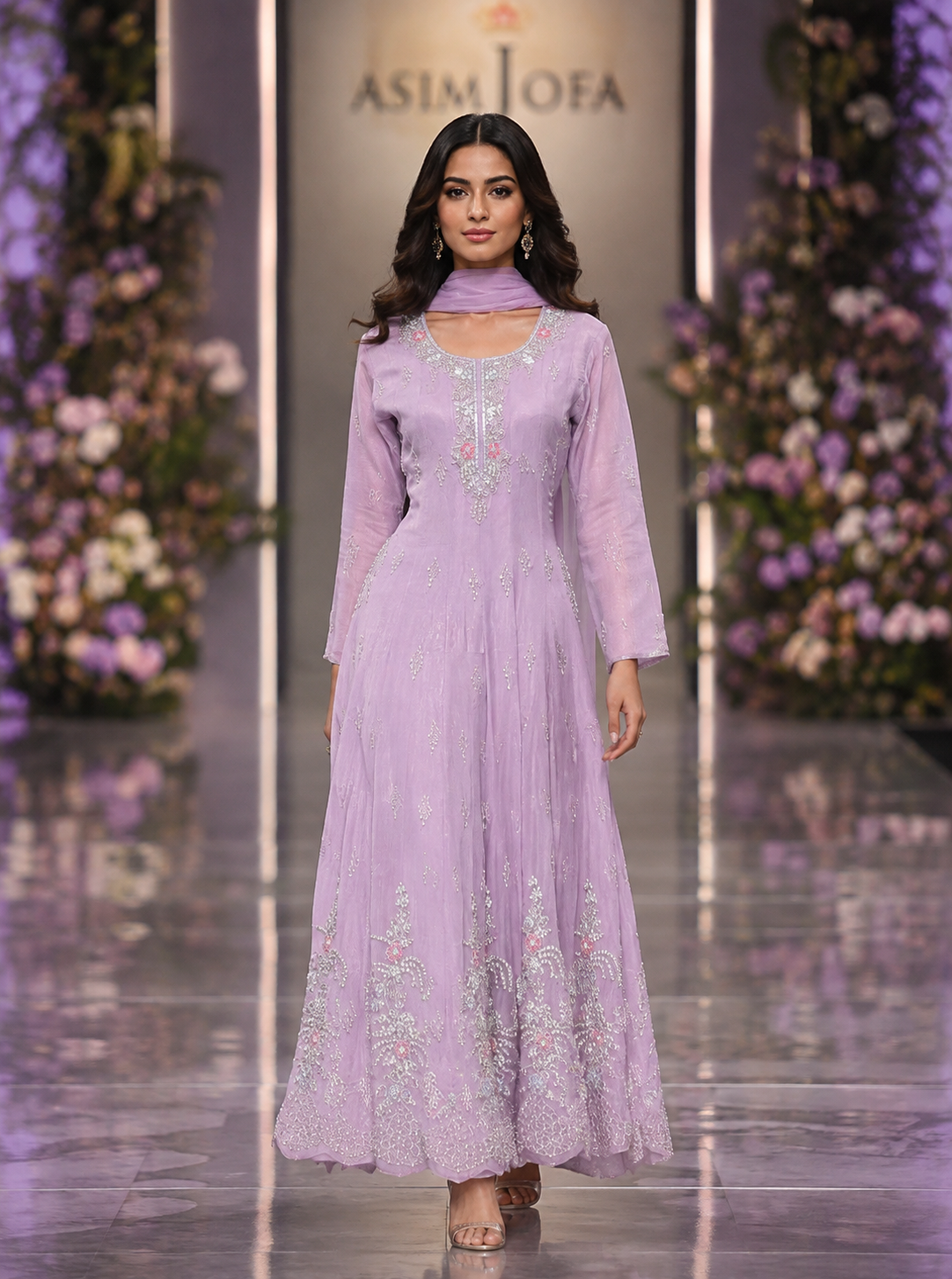 Lavender Chinon Handwork Embroidered Anarkali with Dupatta