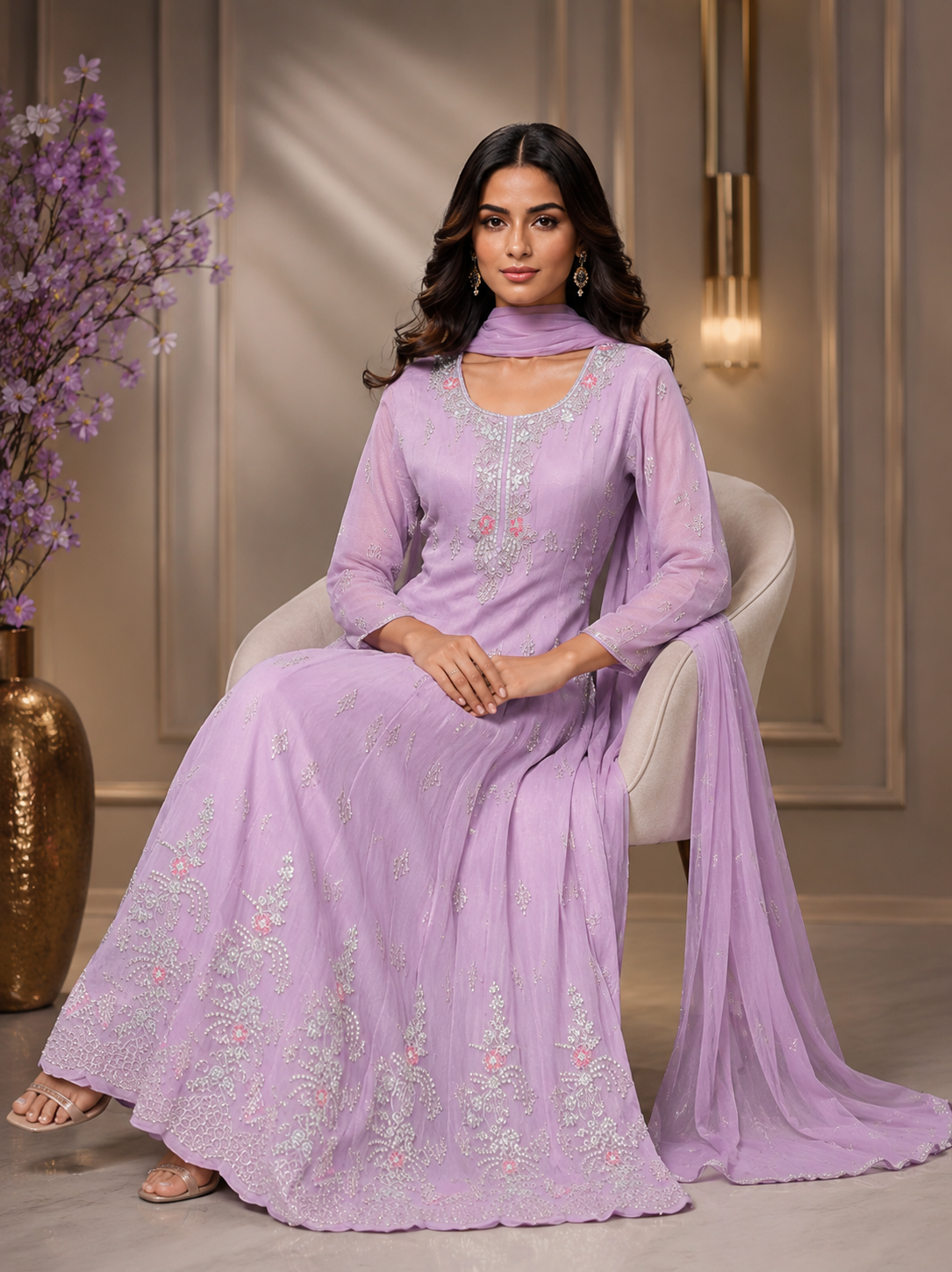 Lavender Chinon Handwork Embroidered Anarkali with Dupatta