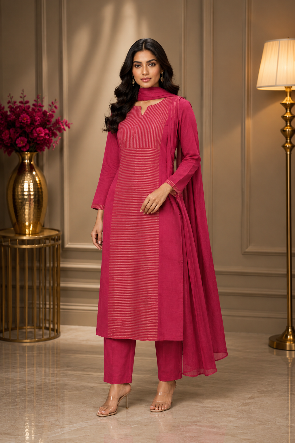 Rani Pink Embroidered Straight Kurta Pant Set with Dupatta