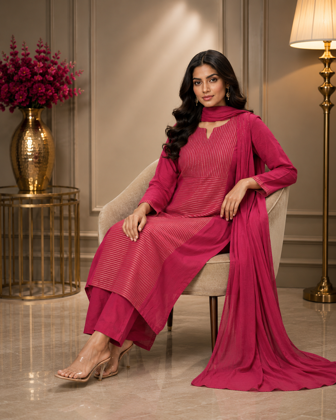 Rani Pink Embroidered Straight Kurta Pant Set with Dupatta