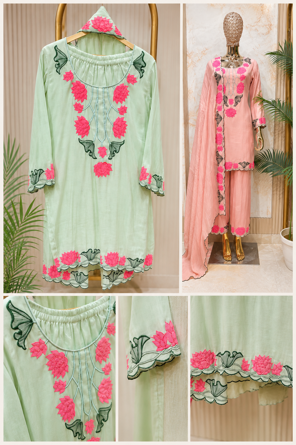 Mul Chanderi Lotus Appliqué Embroidered Straight Suit with Palazzo & Dupatta