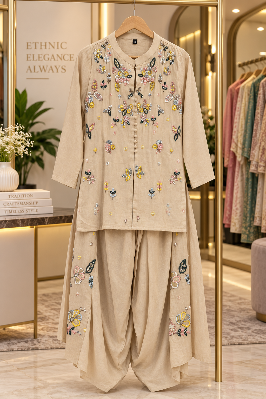 Beige Mul Chanderi Embroidered Kurta Palazzo Set with Dupatta