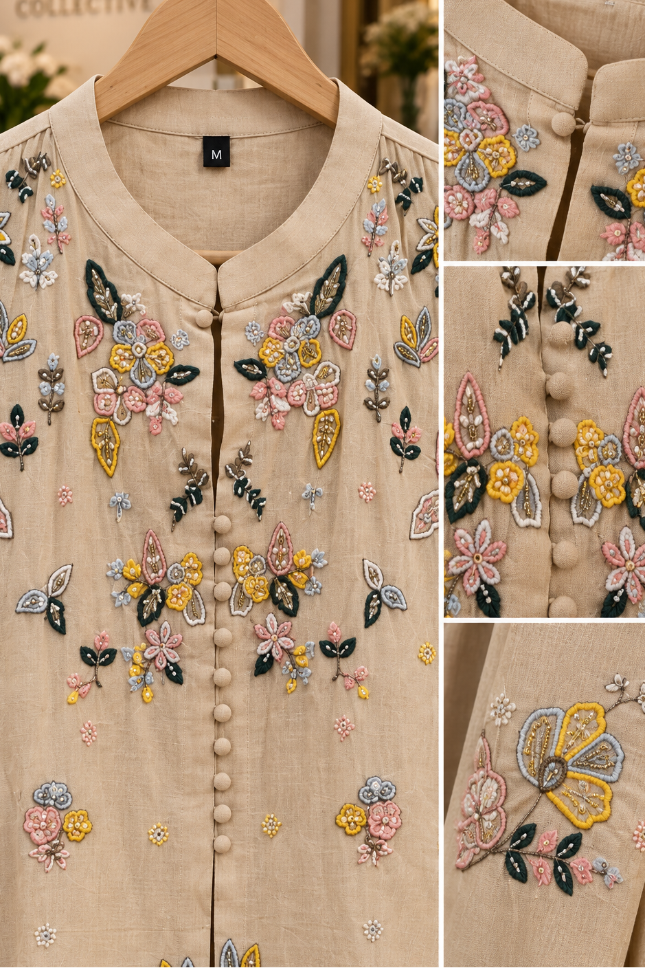 Beige Mul Chanderi Embroidered Kurta Palazzo Set with Dupatta