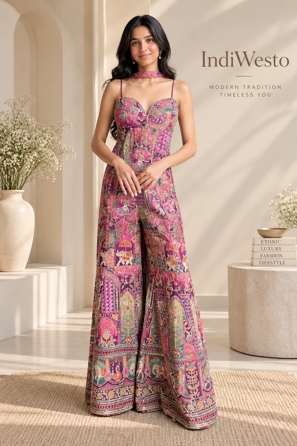 Rani Pink Banarasi Patchwork Corset & Flared Palazzo Set