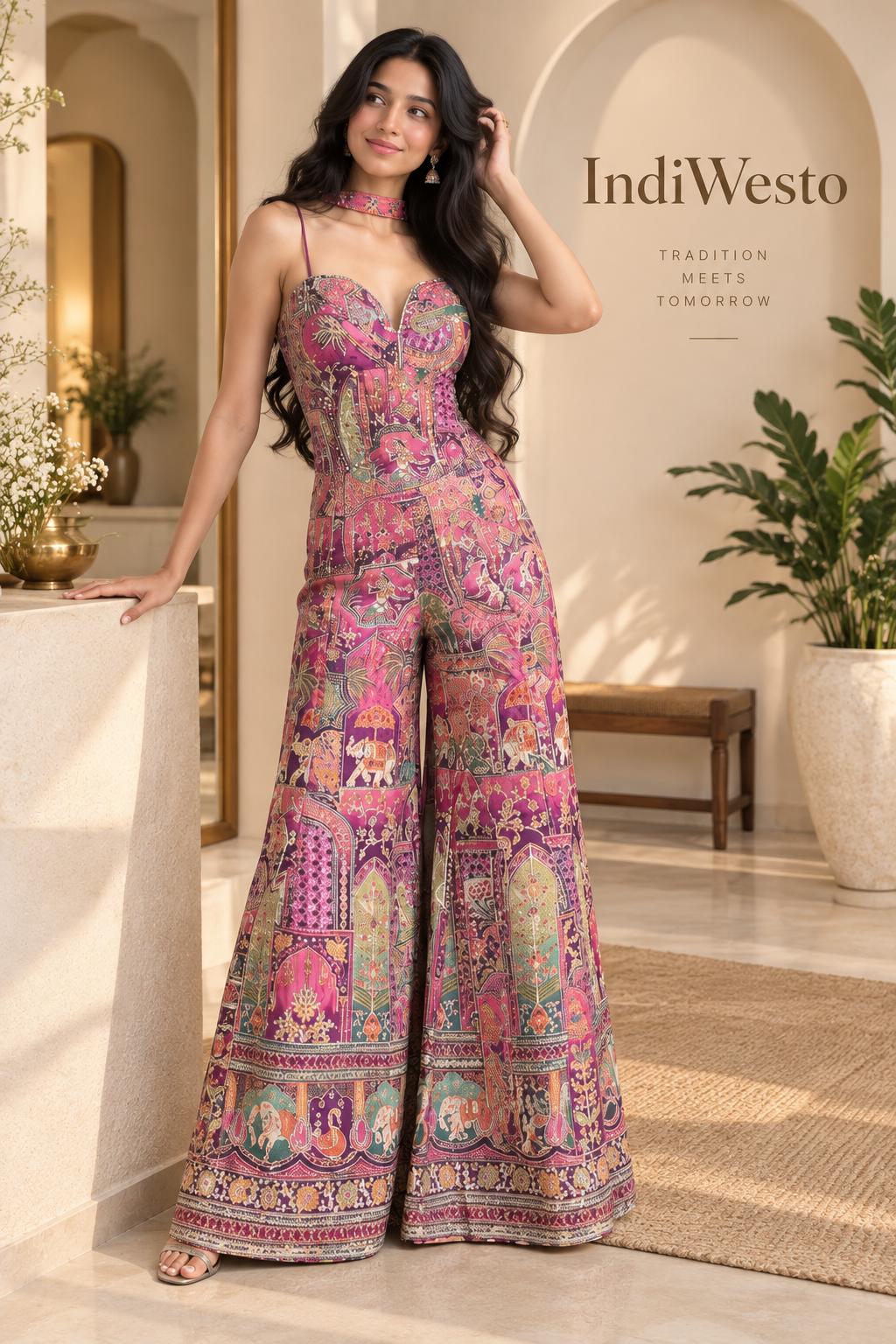 Rani Pink Banarasi Patchwork Corset & Flared Palazzo Set