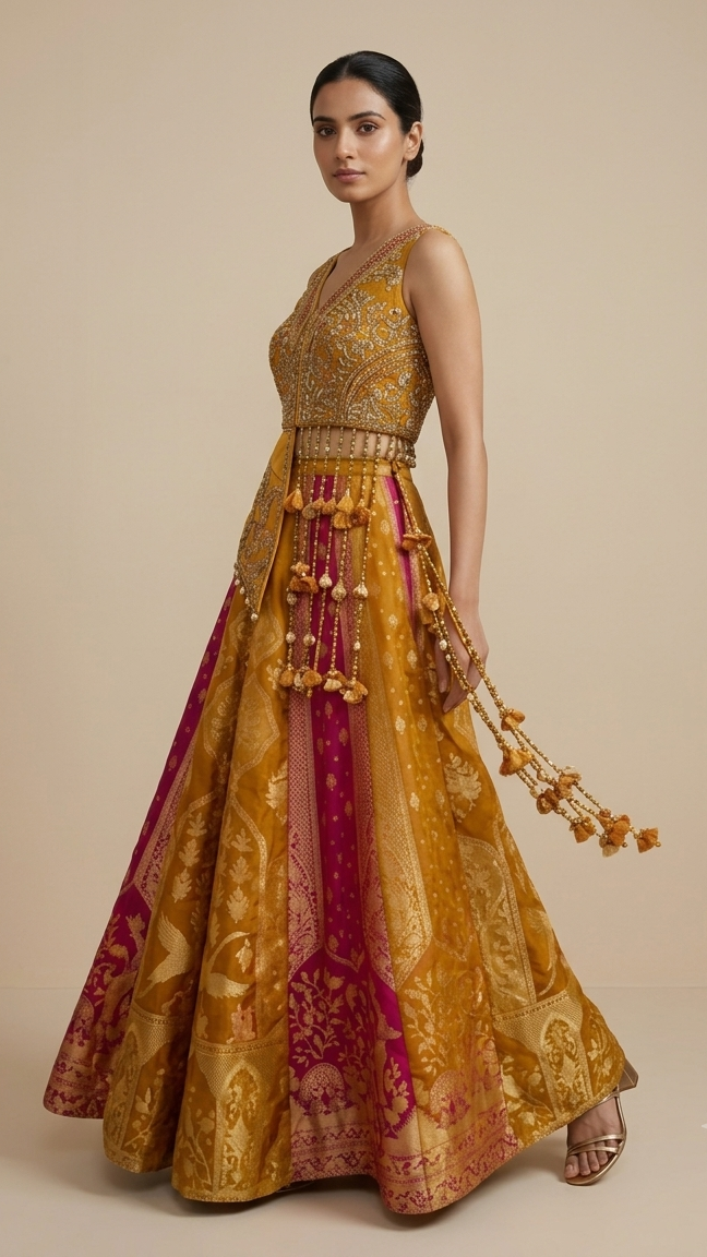 Mustard & Rani Pink Banarasi Silk Brocade Indo-Western Palazzo Set with Tasse