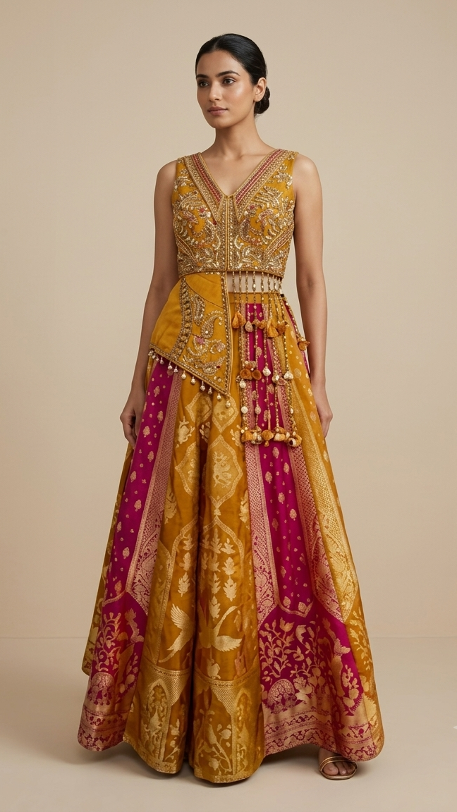 Mustard & Rani Pink Banarasi Silk Brocade Indo-Western Palazzo Set with Tasse