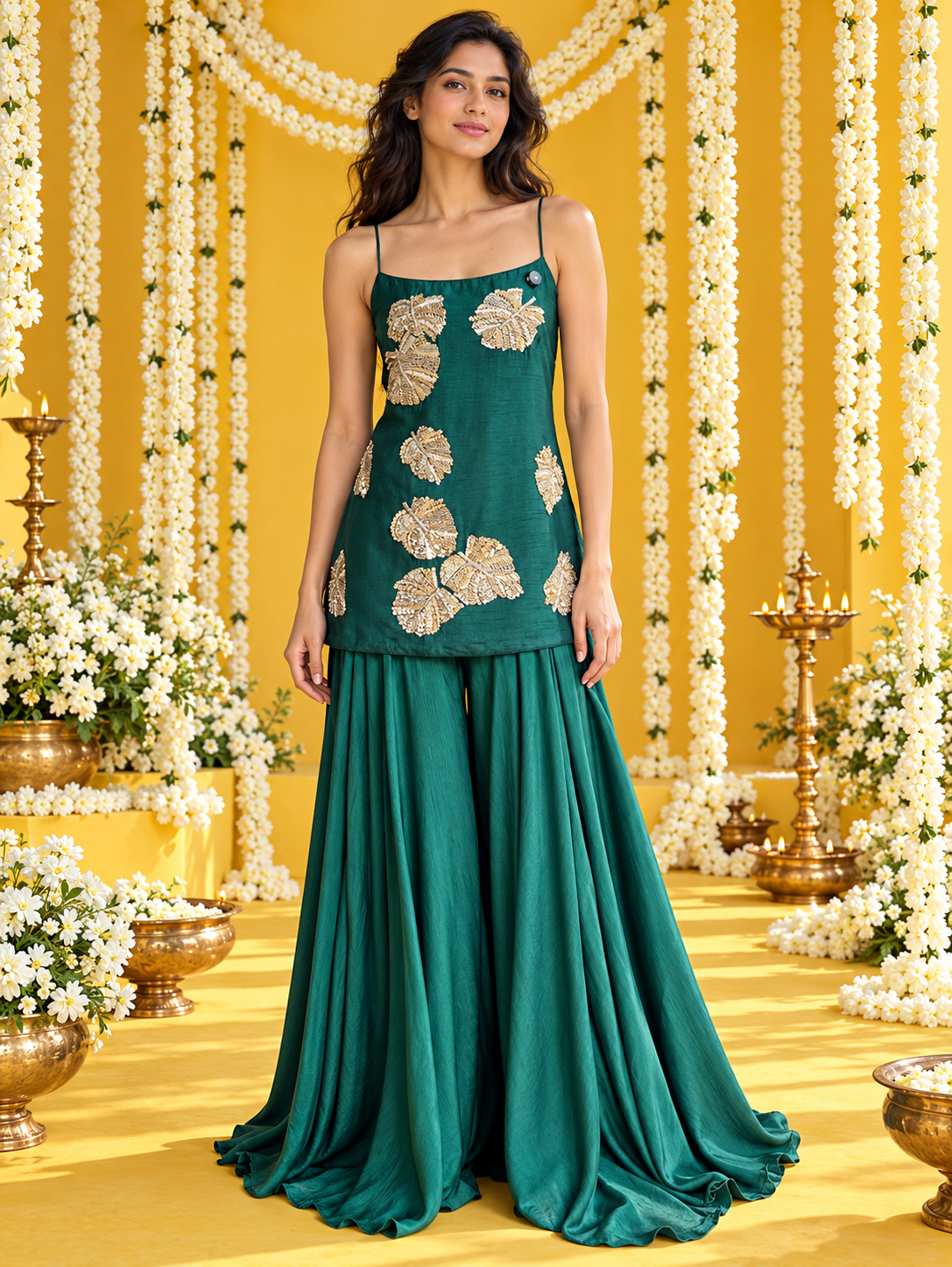 Emerald Aura Bottle Green Silk Embroidered Sharara Set with Gold Leaf Work