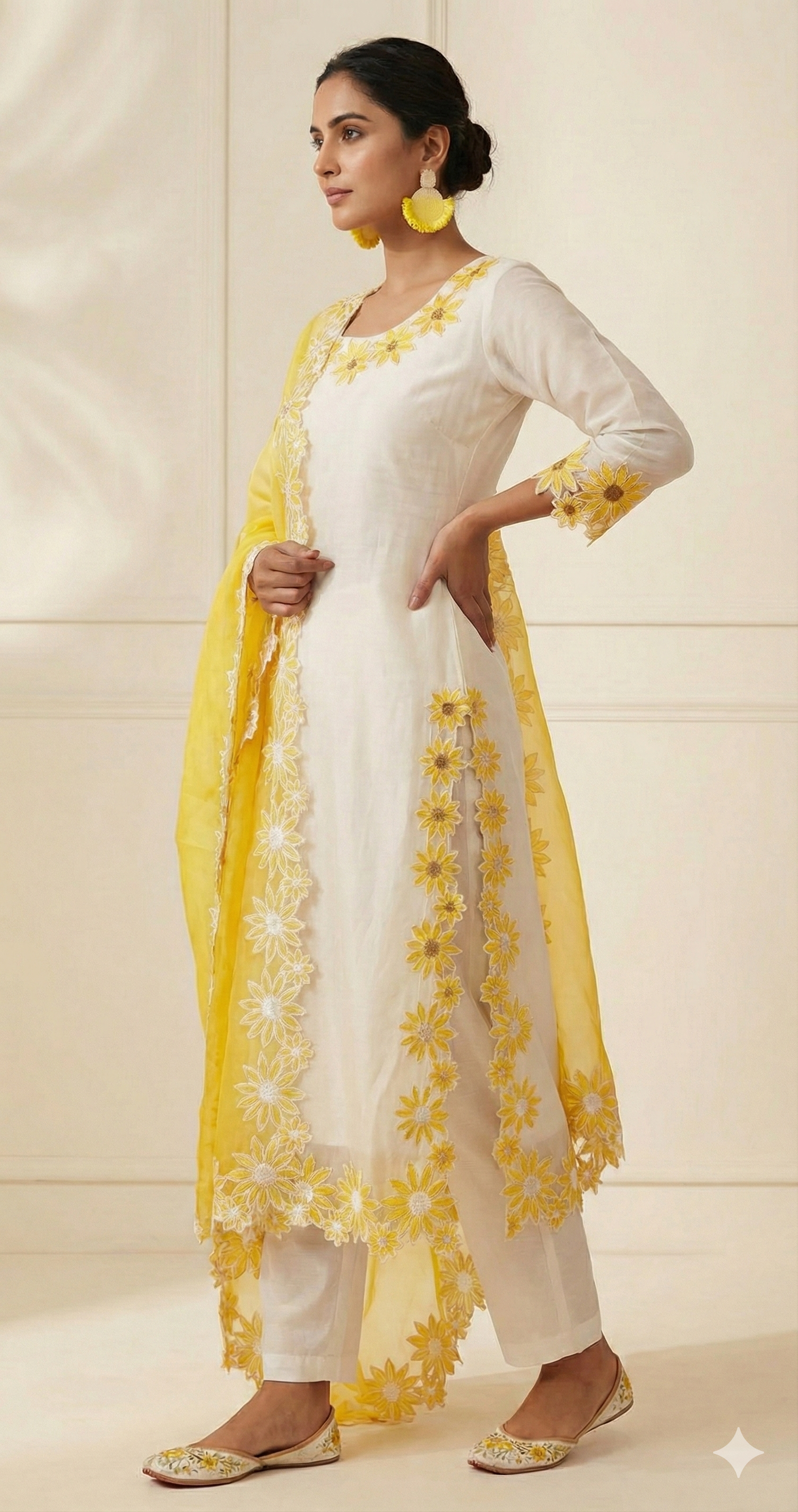 White & Yellow Georgette Kurta Set with Organza Dupatta