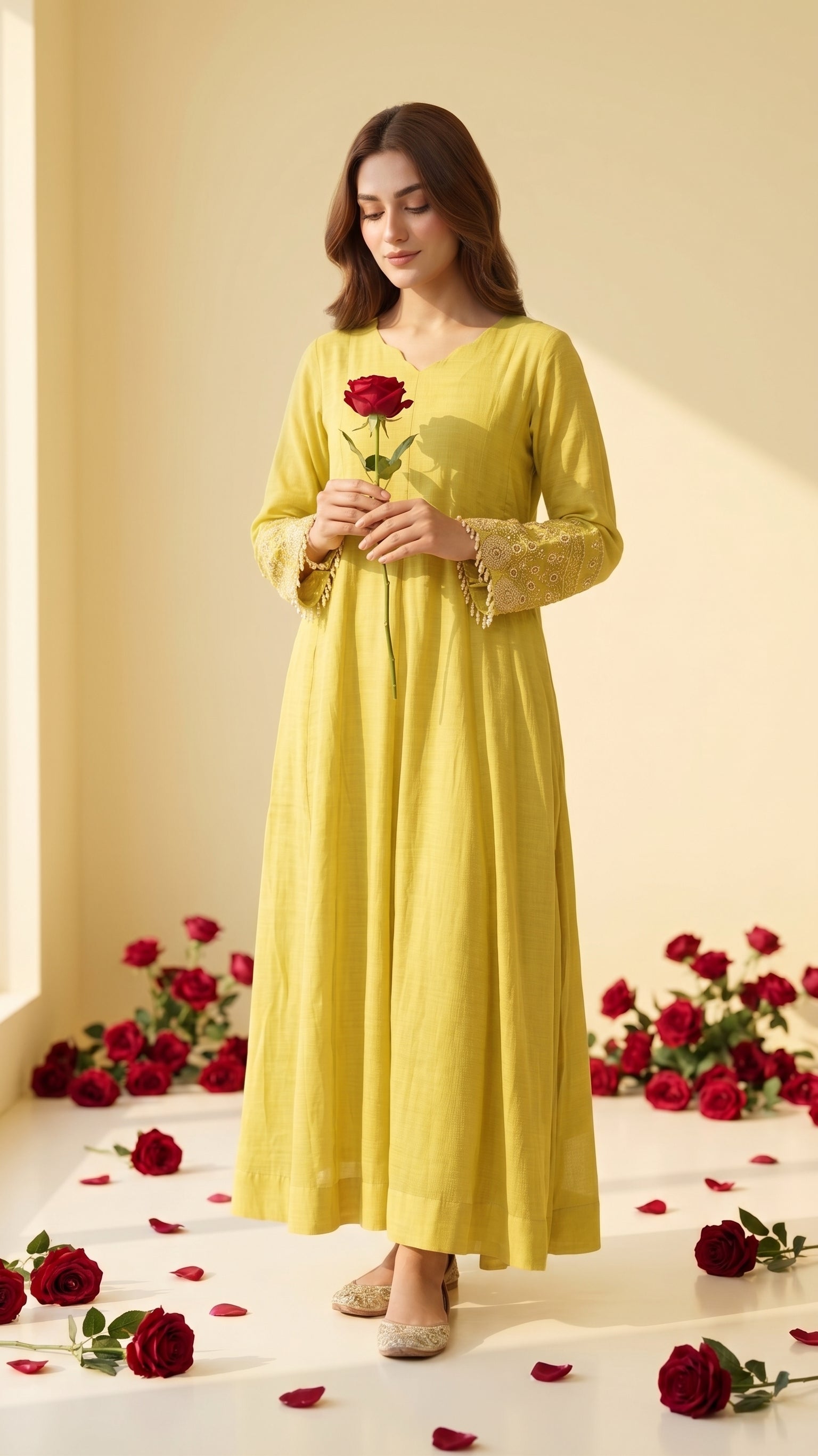 Lime Yellow Mul Chanderi Anarkali Suit with Embroidered Sleeves & Dupatta