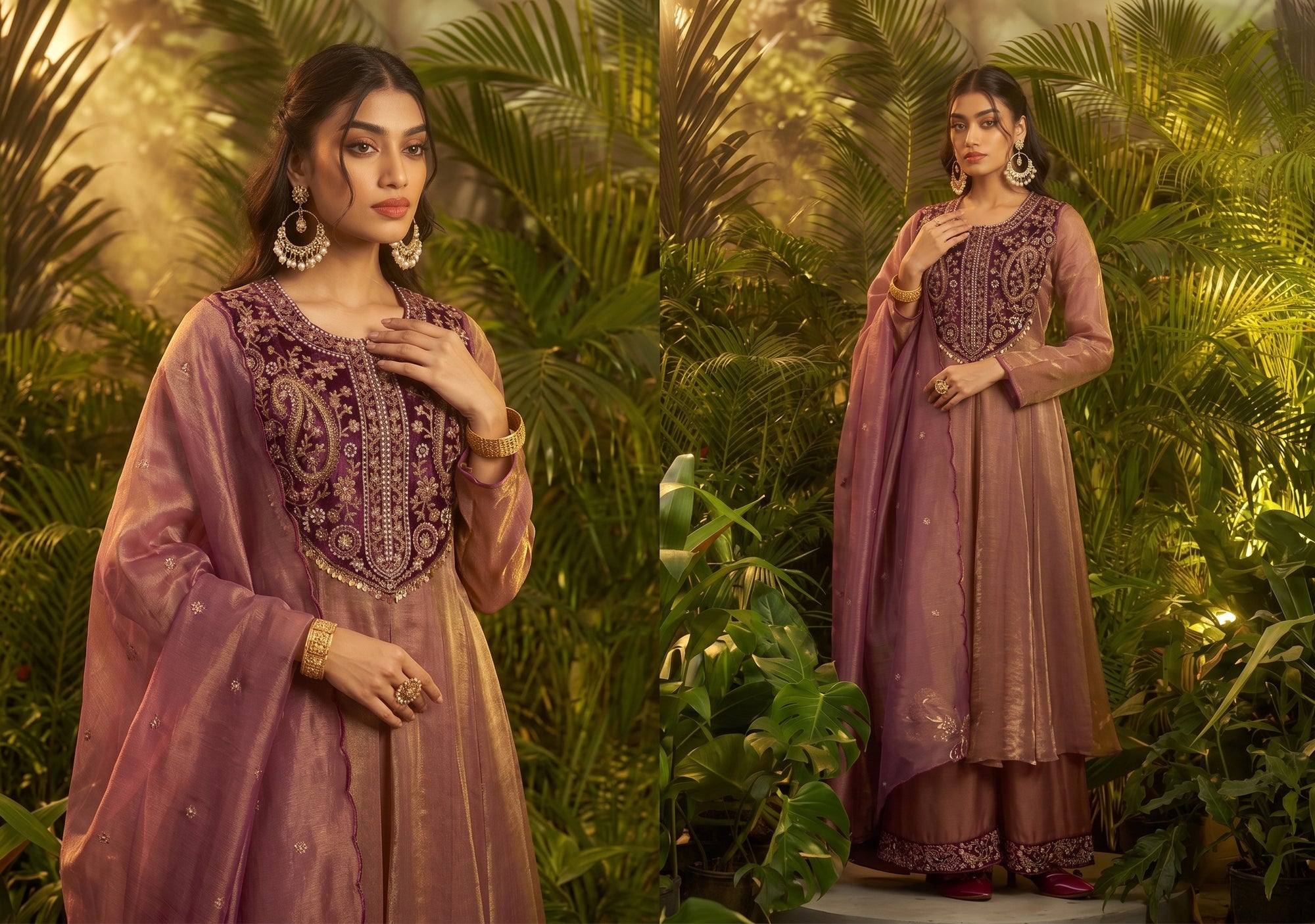 Dusty Rose Organza Embroidered Kurta Palazzo Set with Dupatta