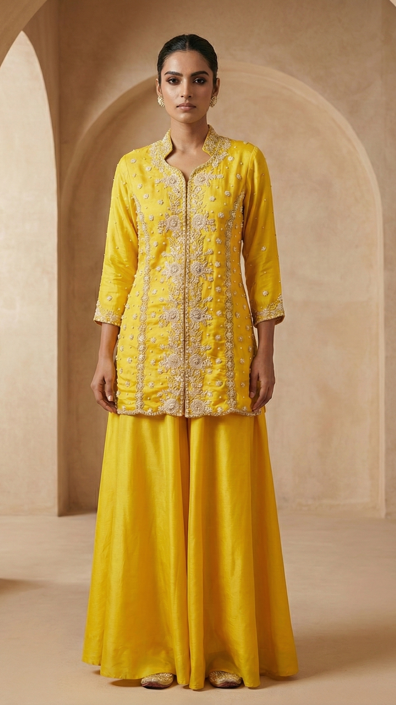 Sunlit Yellow Embroidered Chinon Silk Indo-Western Set