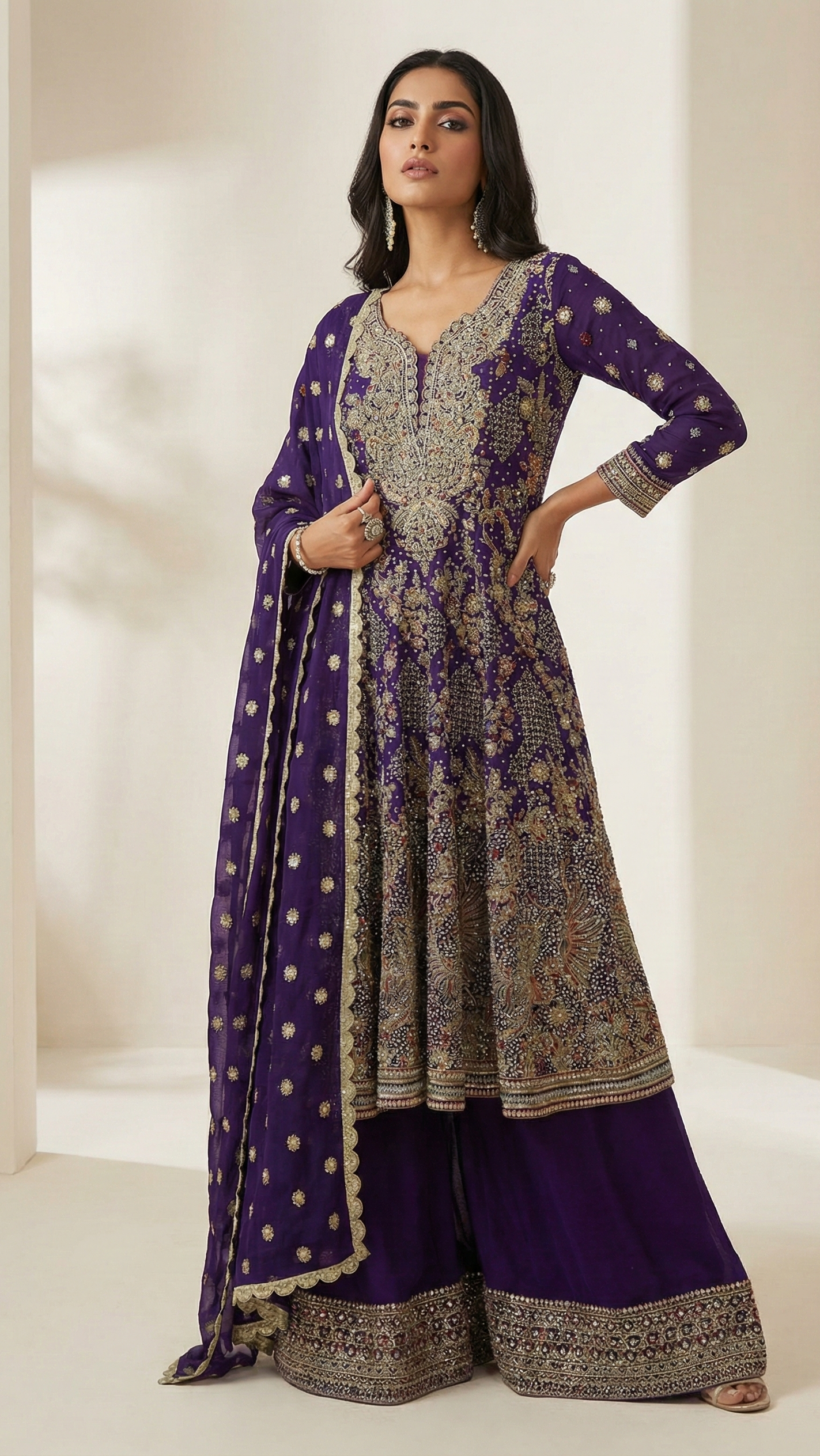 Royal Purple Heavy Embroidered Georgette Plazzo Suit with Dupatta | Premium Party Wear