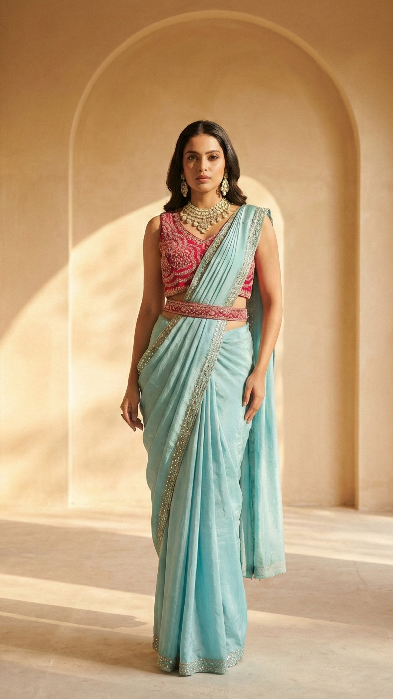 Aqua Blue Chinnon Drape Saree with Handworked Border & Rani Pink Handwork Blouse