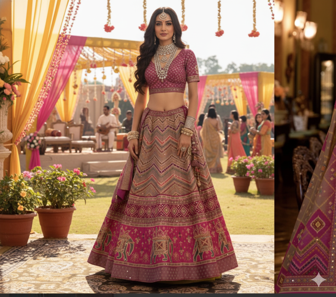 Rani Pink Rajwadi Silk Lehenga Choli with Sparkle & Mirror Work