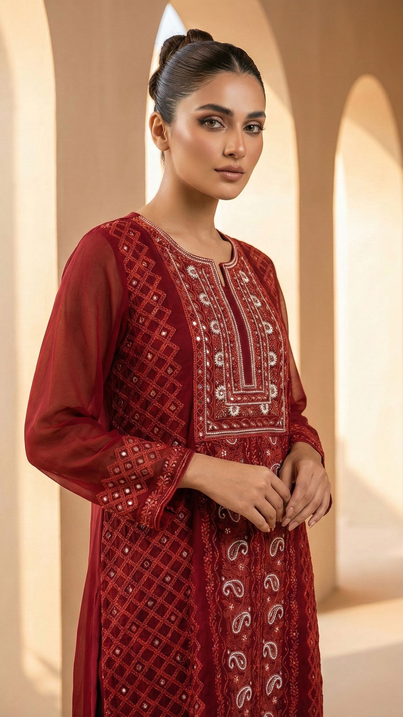 Maroon Georgette Chikankari Handwork Suit Set with Matching Dupatta & Pants