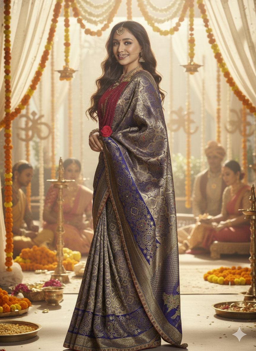 Royal Blue & Antique Gold Viscose Dola Saree with Handwork Blouse and Designer Lace Pallu