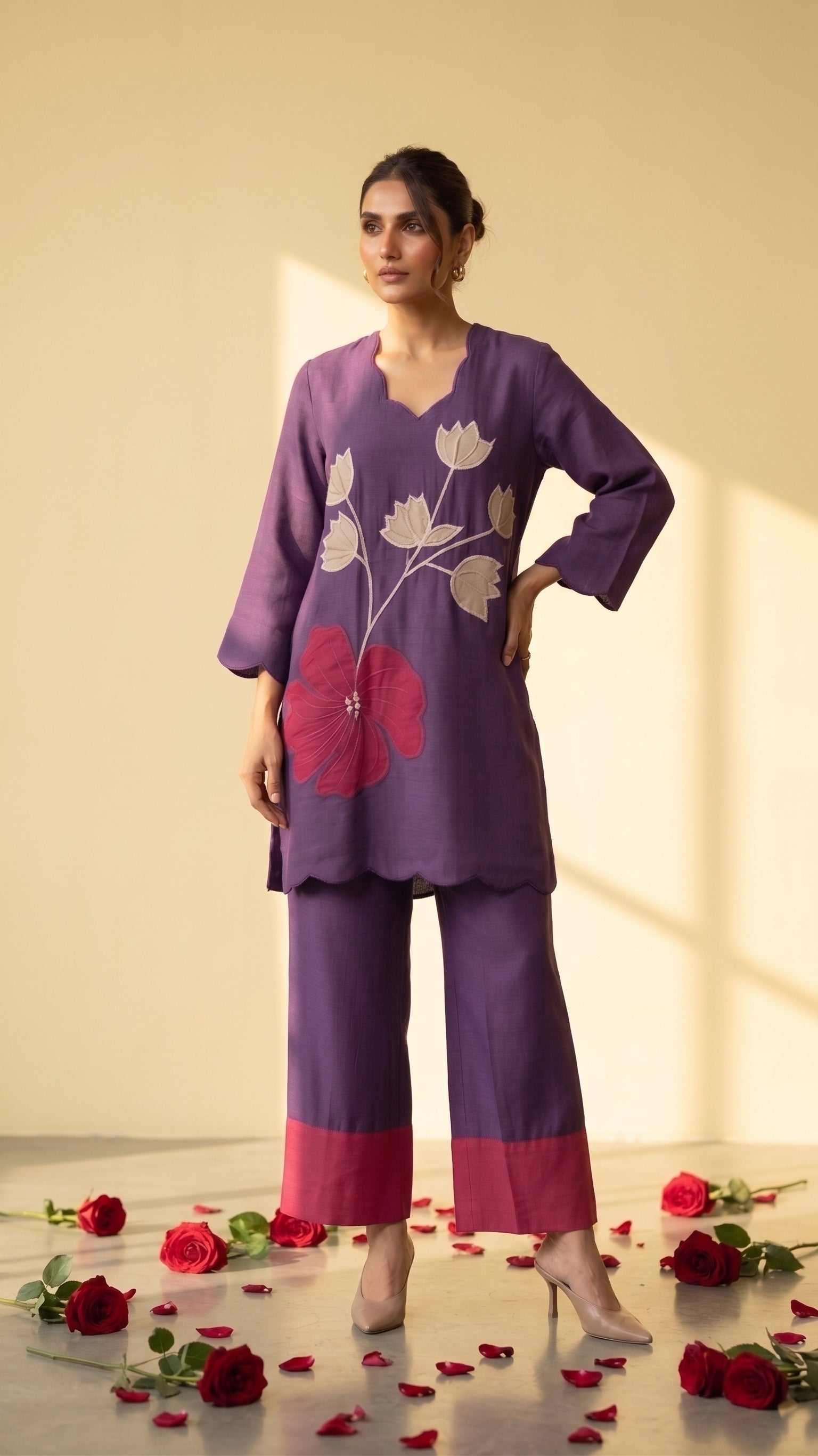 Blush Peach & Purple Mul Chanderi Floral Appliqué Co-Ord Set