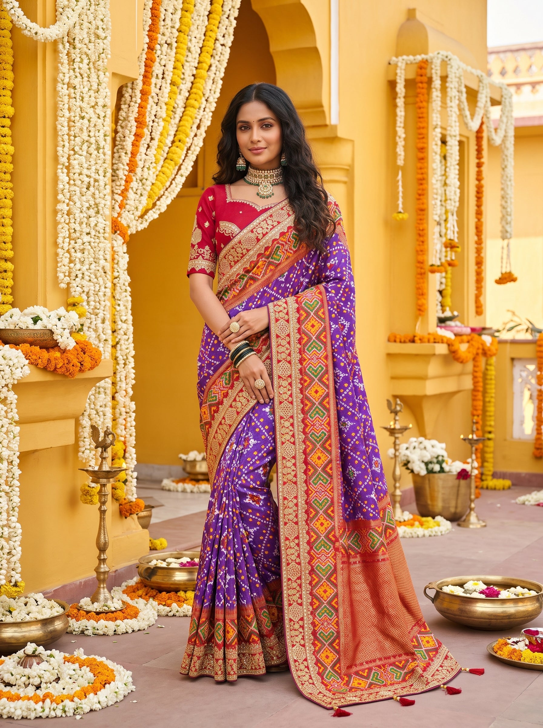 Rajvanshi Purple Patola Work Saree with Traditional Handwork & Rani Pink Blouse