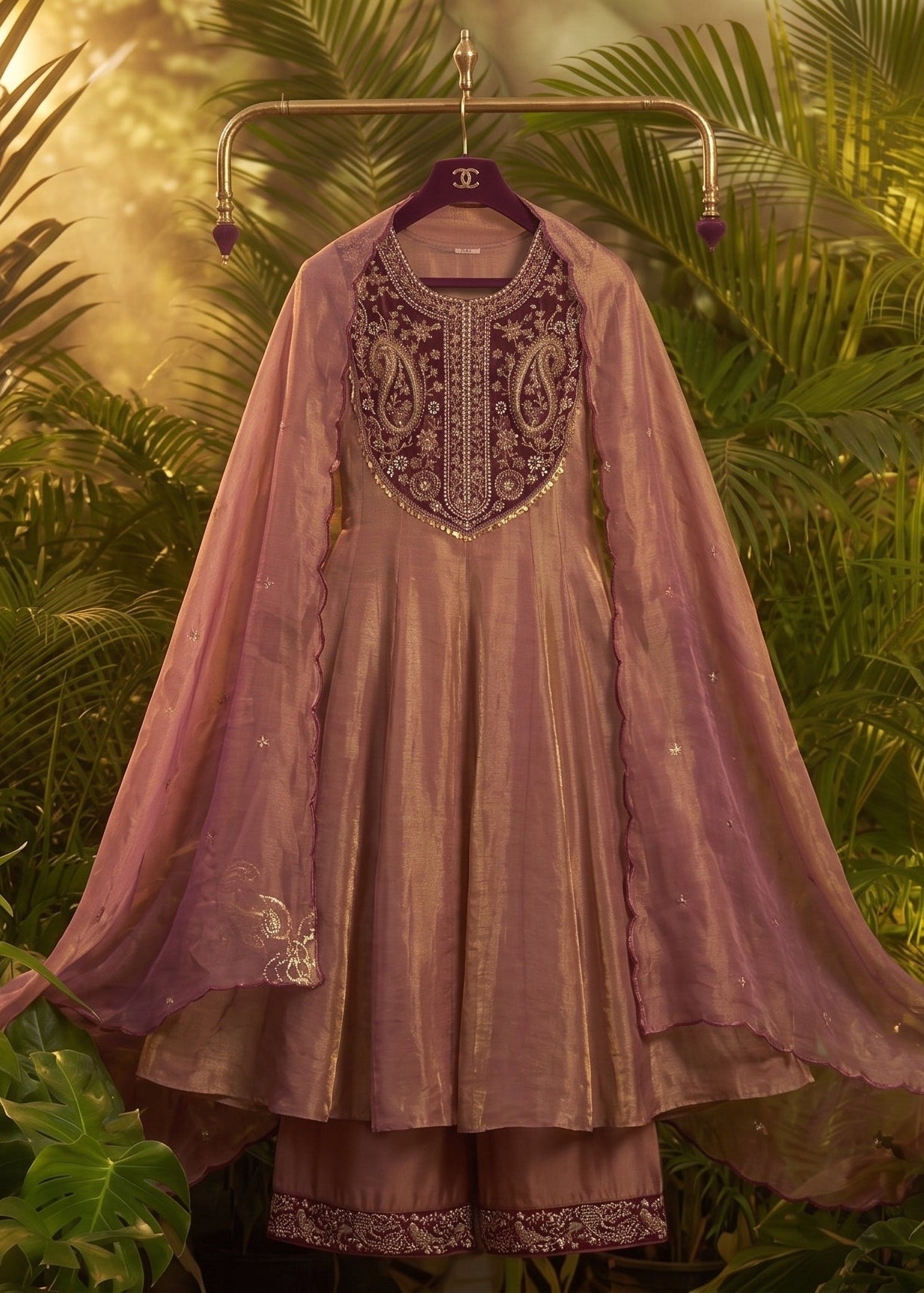 Dusty Rose Organza Embroidered Kurta Palazzo Set with Dupatta