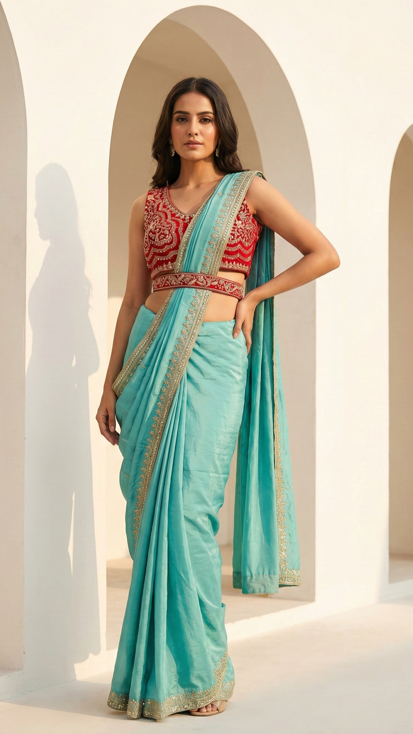Aqua Blue Chinnon Drape Saree with Handworked Border & Rani Pink Handwork Blouse