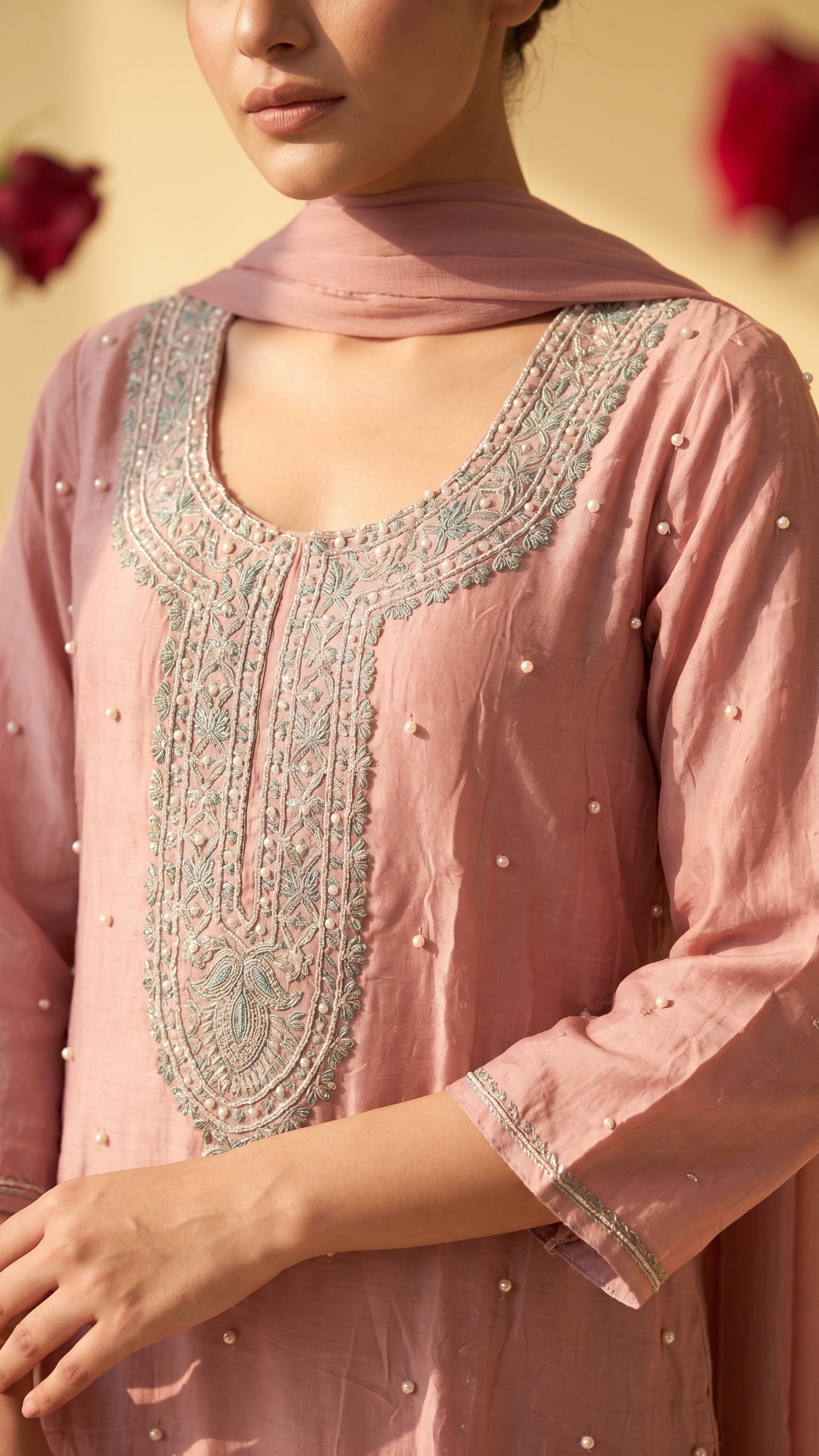 Dusty Rose Crepe Handwork Palazzo Suit with Dupatta
