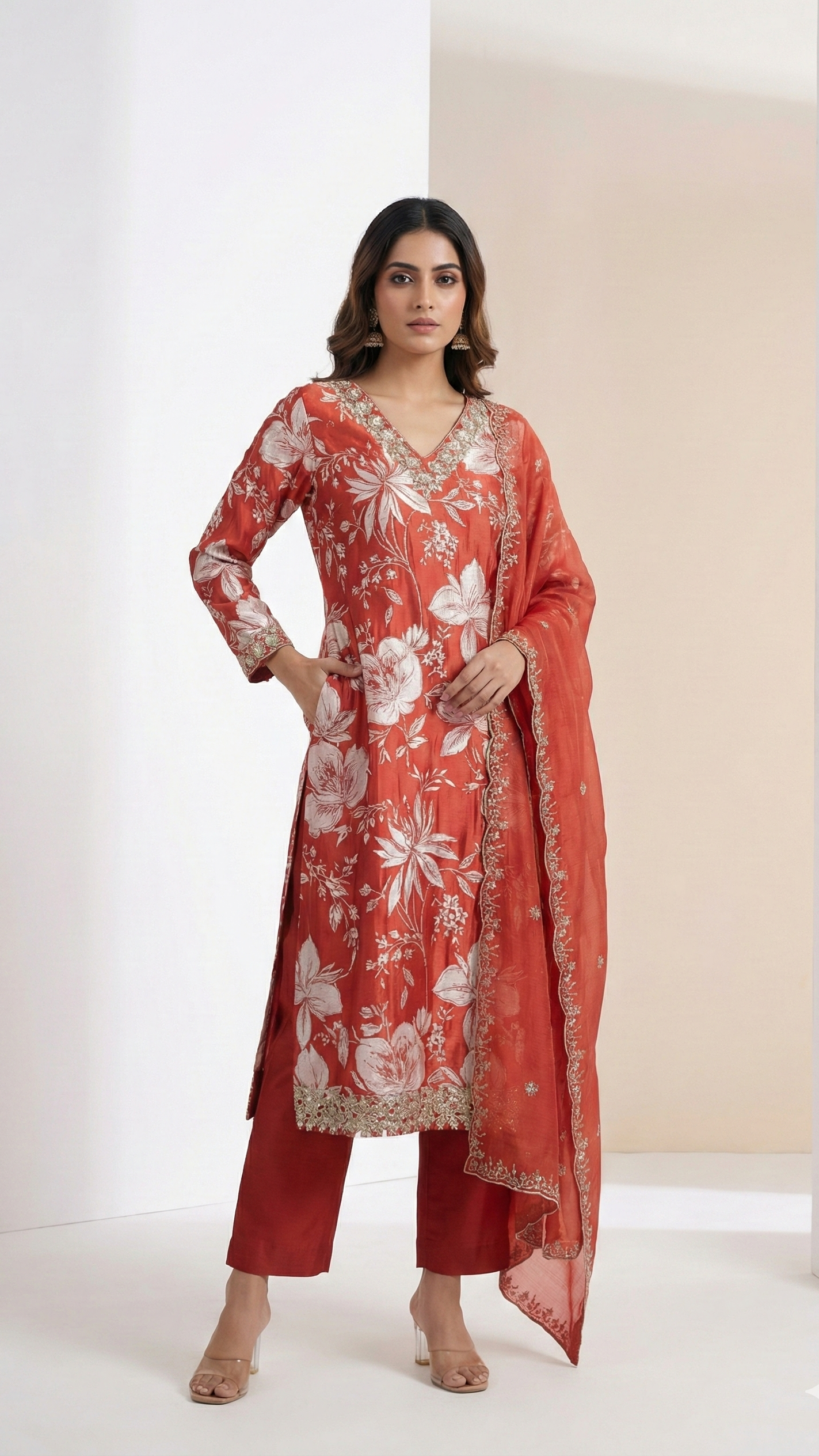 Rust Bloom Indo-Western Kurta Set with Organza Dupatta