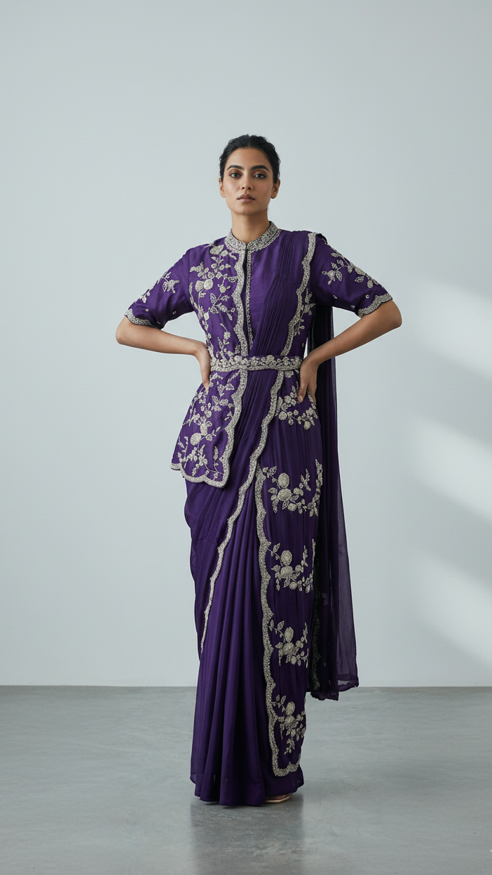 Royal Amethyst Chinon Silk Indo-Western Saree with Zardosi Handwork