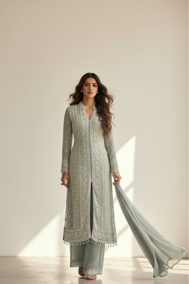 Sage Green Premium Georgette Embroidered Top Palazzo Set with Dupatta