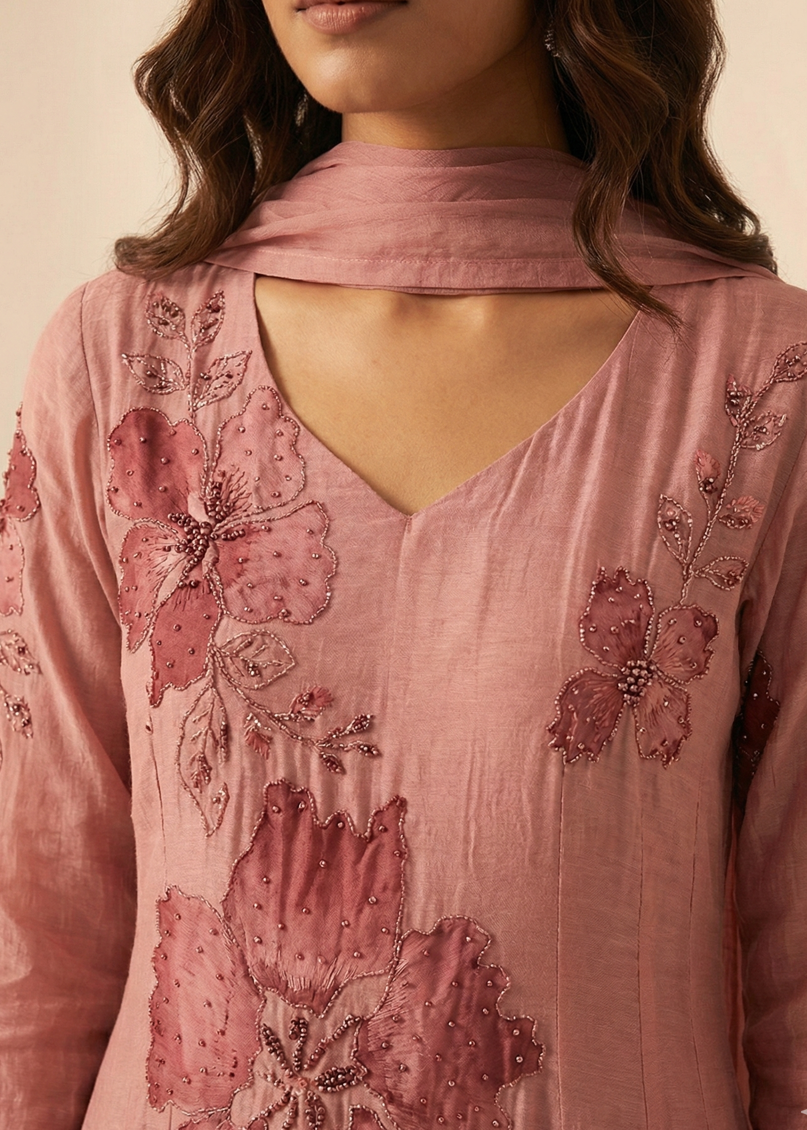 Blush Pink Chinnon Brush-Painted Floor-Length Gown Set with Handwork