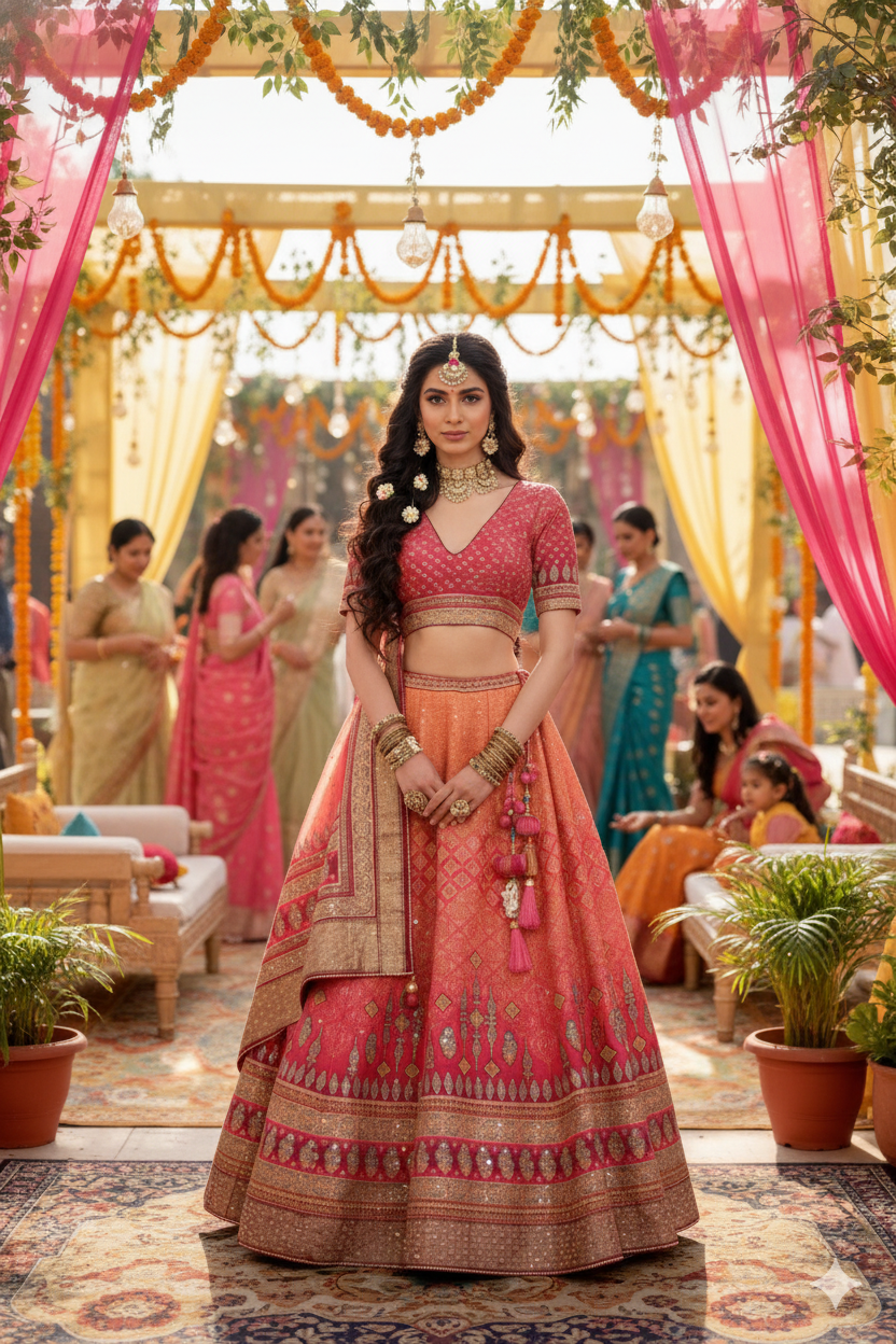 Rani Pink and Coral Orange Rajwadi Silk Lehenga Choli with Mirror Sparkle Work