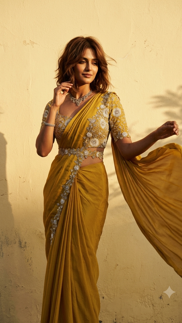 Mustard Gold Embellished Designer Drape Saree with Handwork Blouse