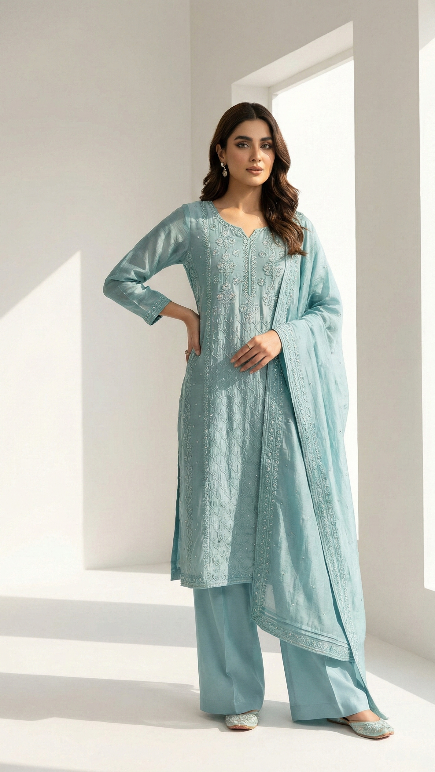 Sky Blue Pure Mulchanderi Chikankari Straight Suit Set with Matching Pants – Luxury Style
