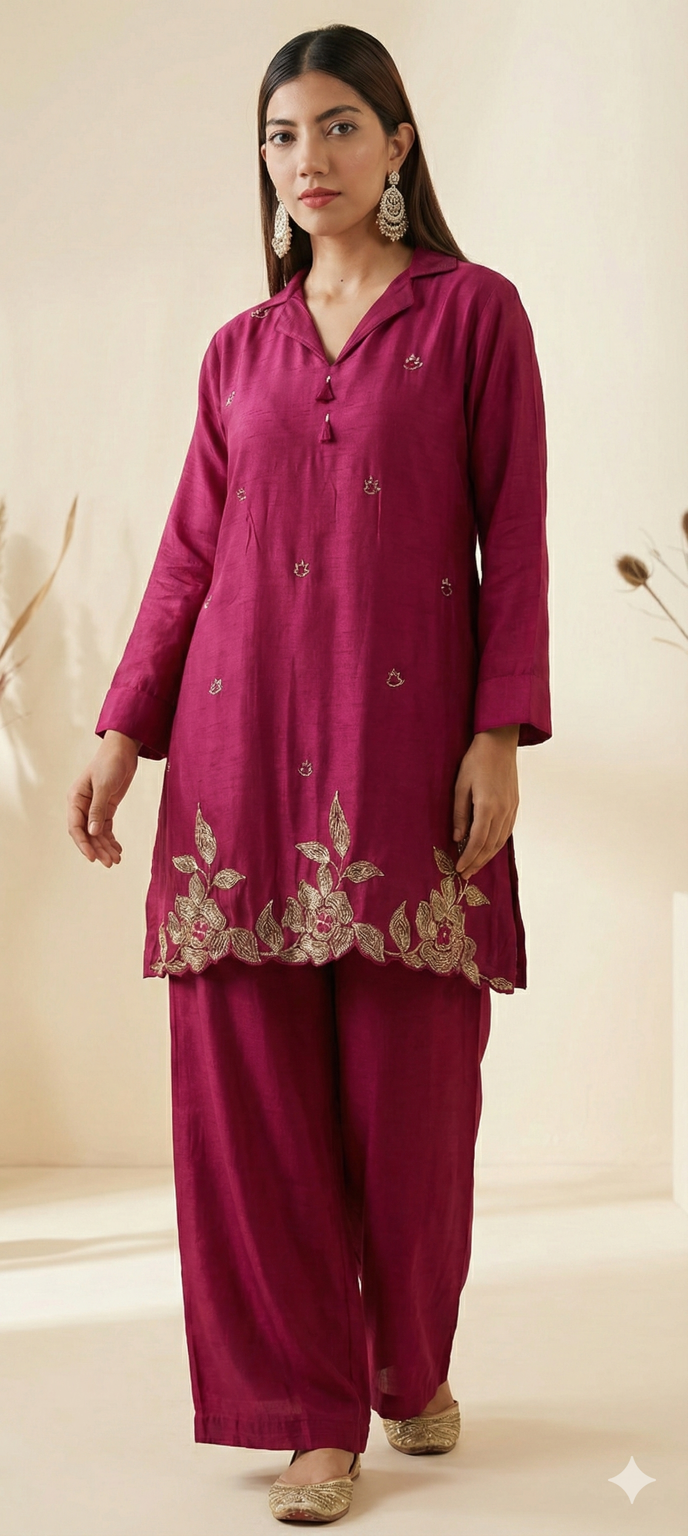 Magenta Silk Handwork Kurta Set with Matching Bottom