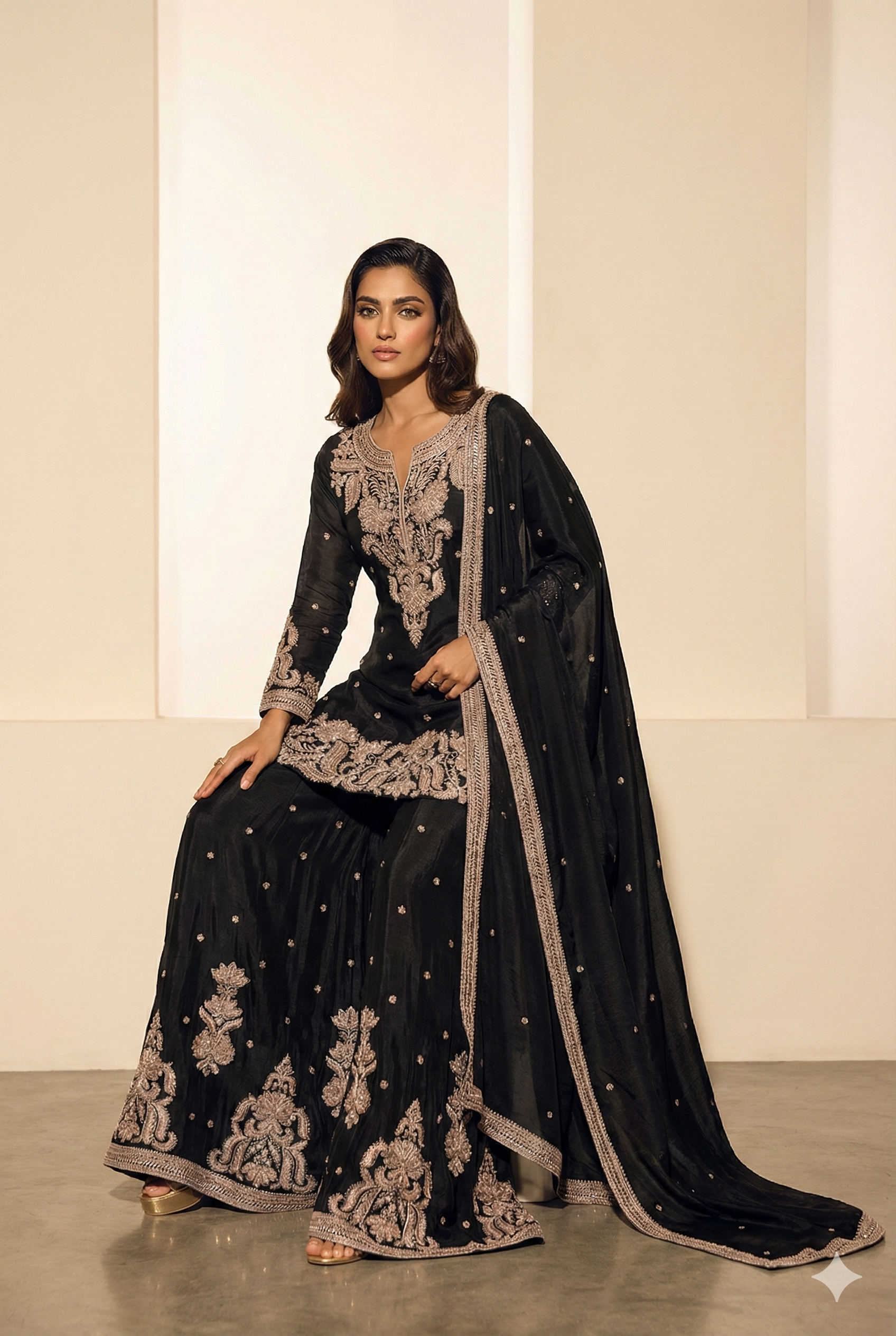 Black Indo-Western Chinnon Silk Embroidered Kurta Set with Dupatta