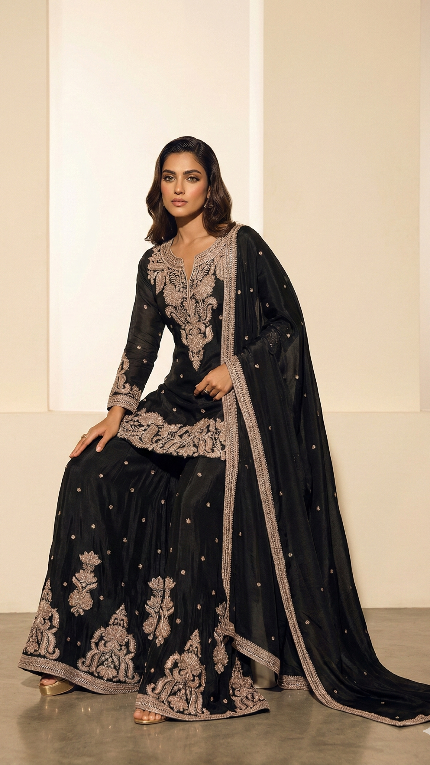 Black Indo-Western Chinnon Silk Embroidered Kurta Set with Dupatta