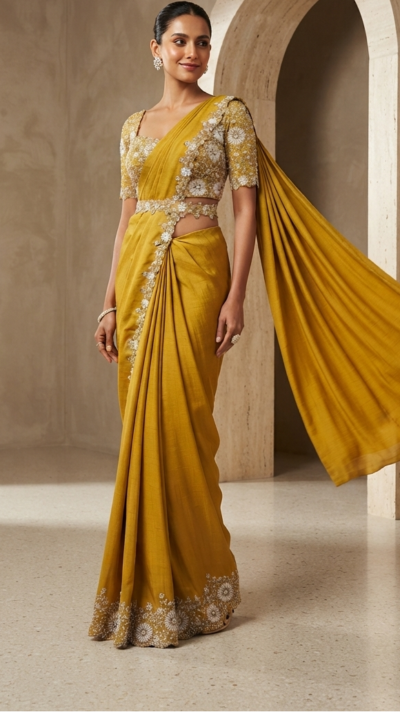 Mustard Gold Embellished Designer Drape Saree with Handwork Blouse