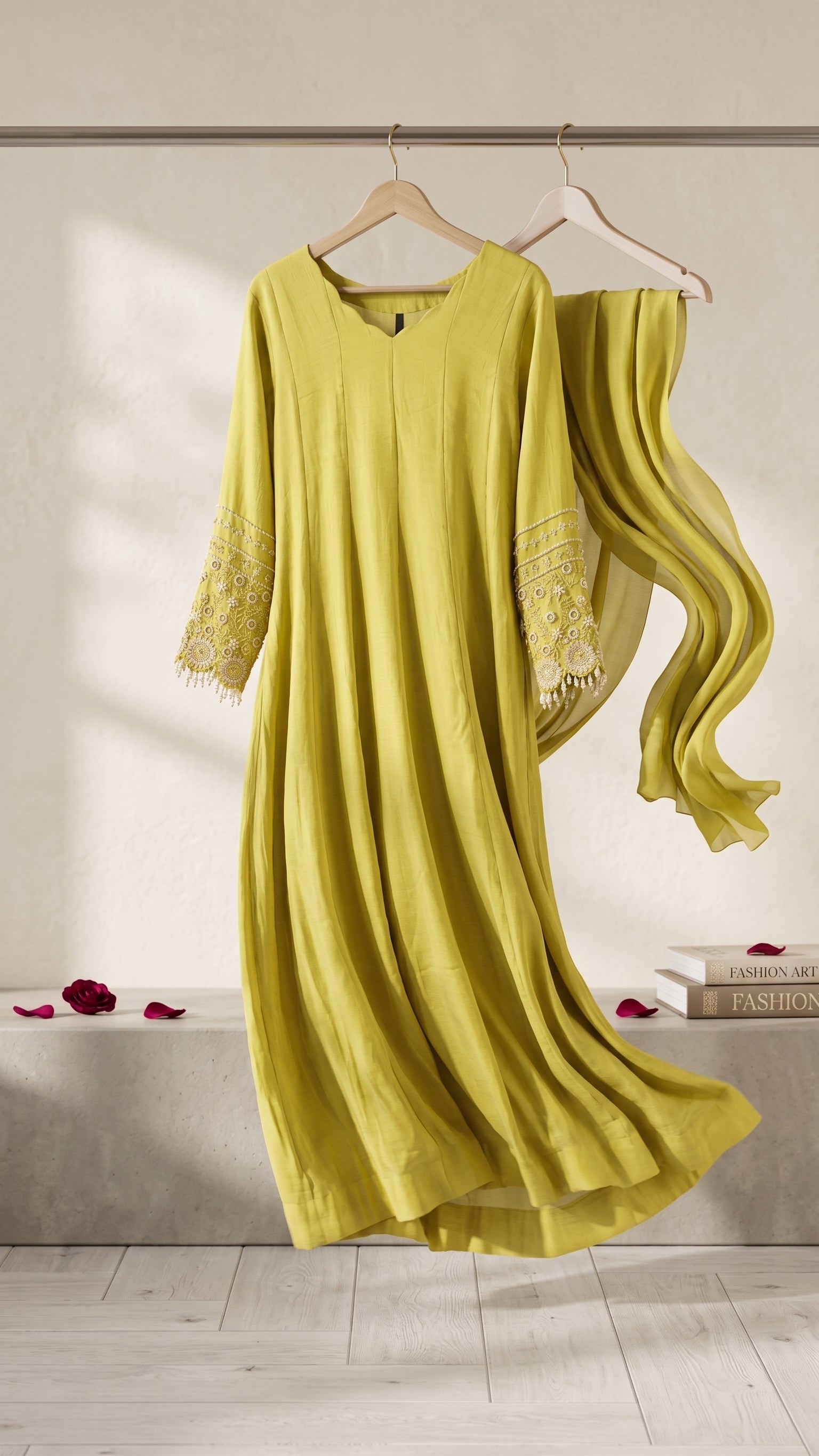 Lime Yellow Mul Chanderi Anarkali Suit with Embroidered Sleeves & Dupatta