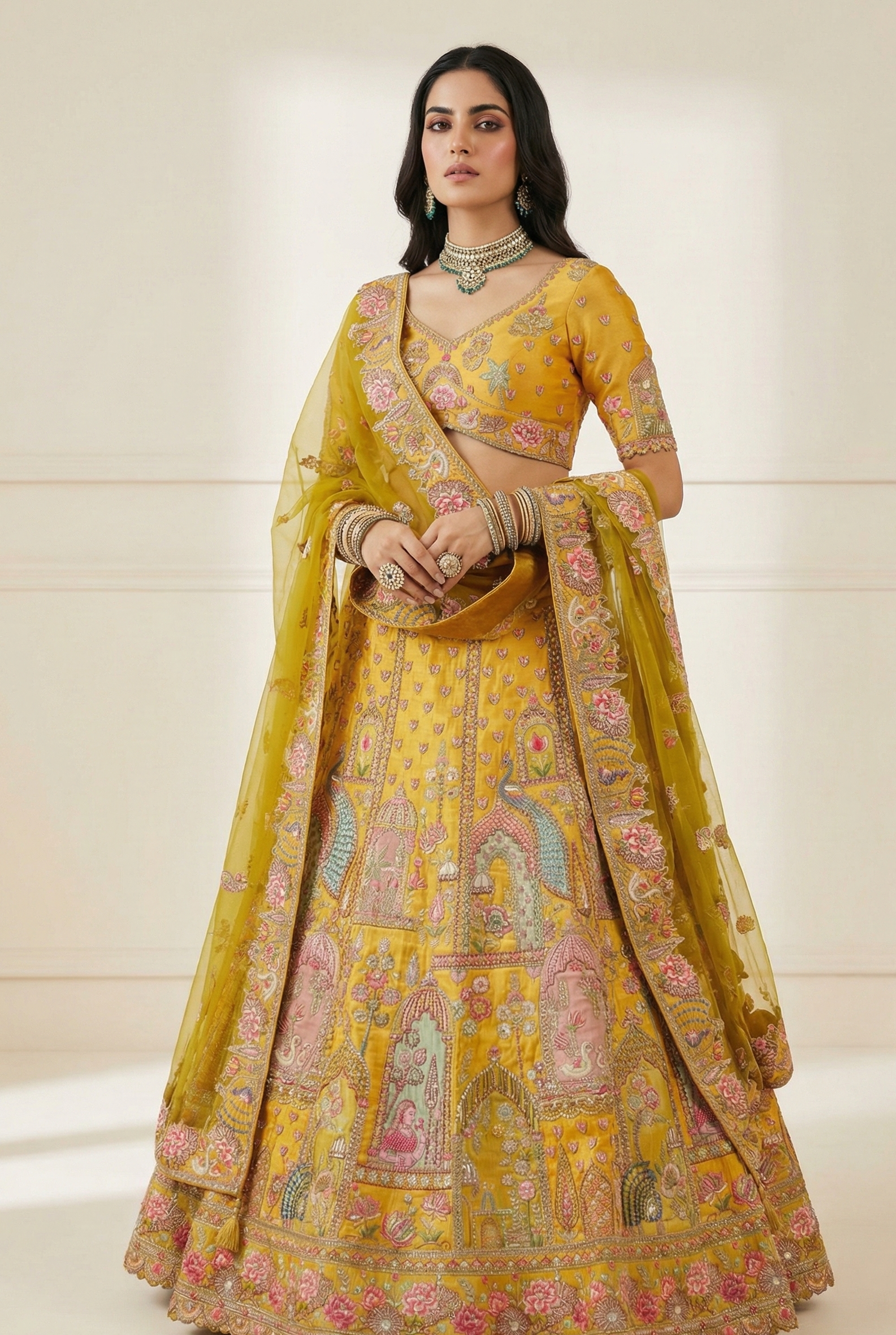 Mustard Yellow Silk Embroidered Designer Lehenga Choli with Net Dupatta