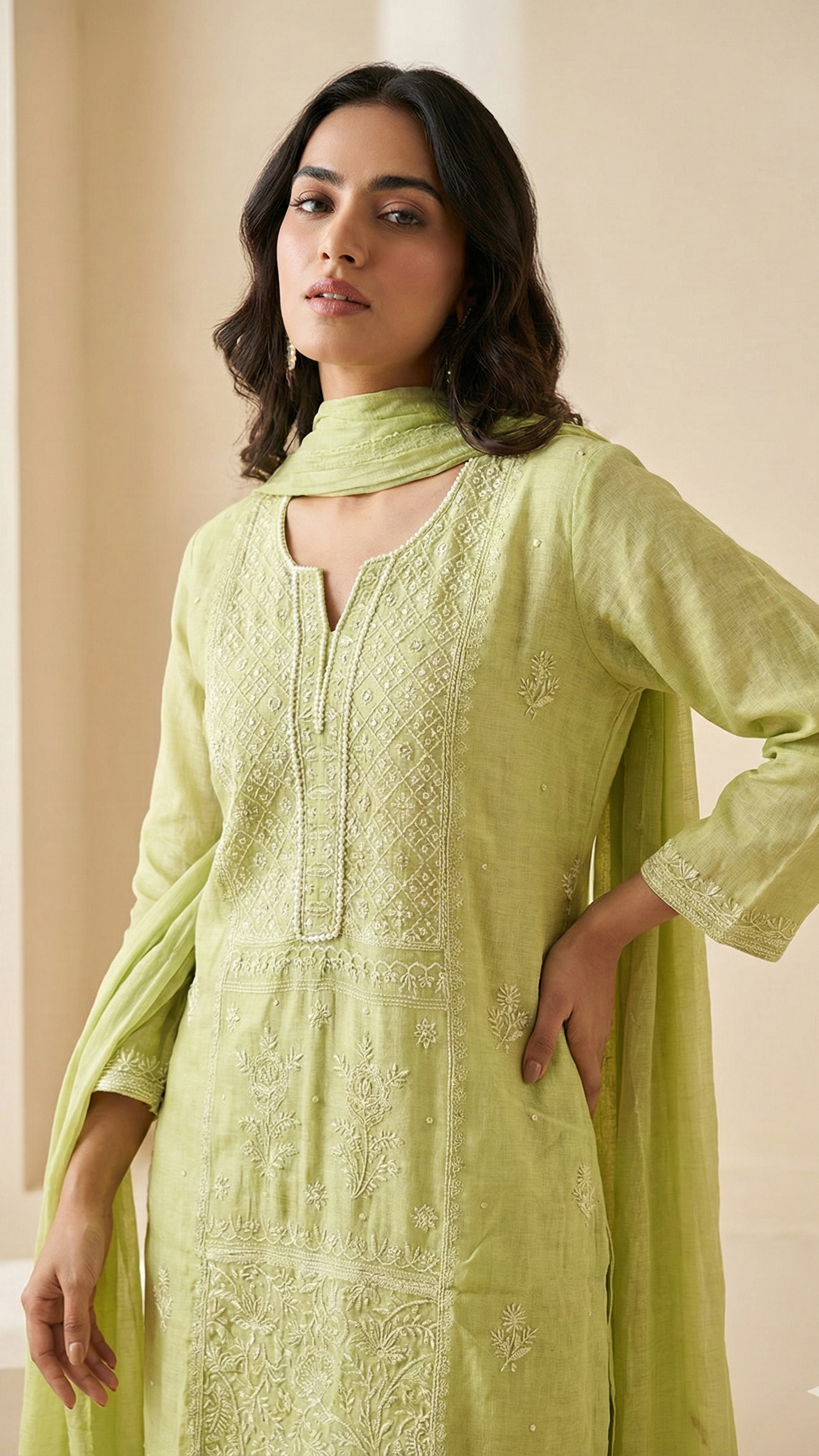 Lime Green Mulchanderi Chikankari Luxury Suit Set with Matching Pants