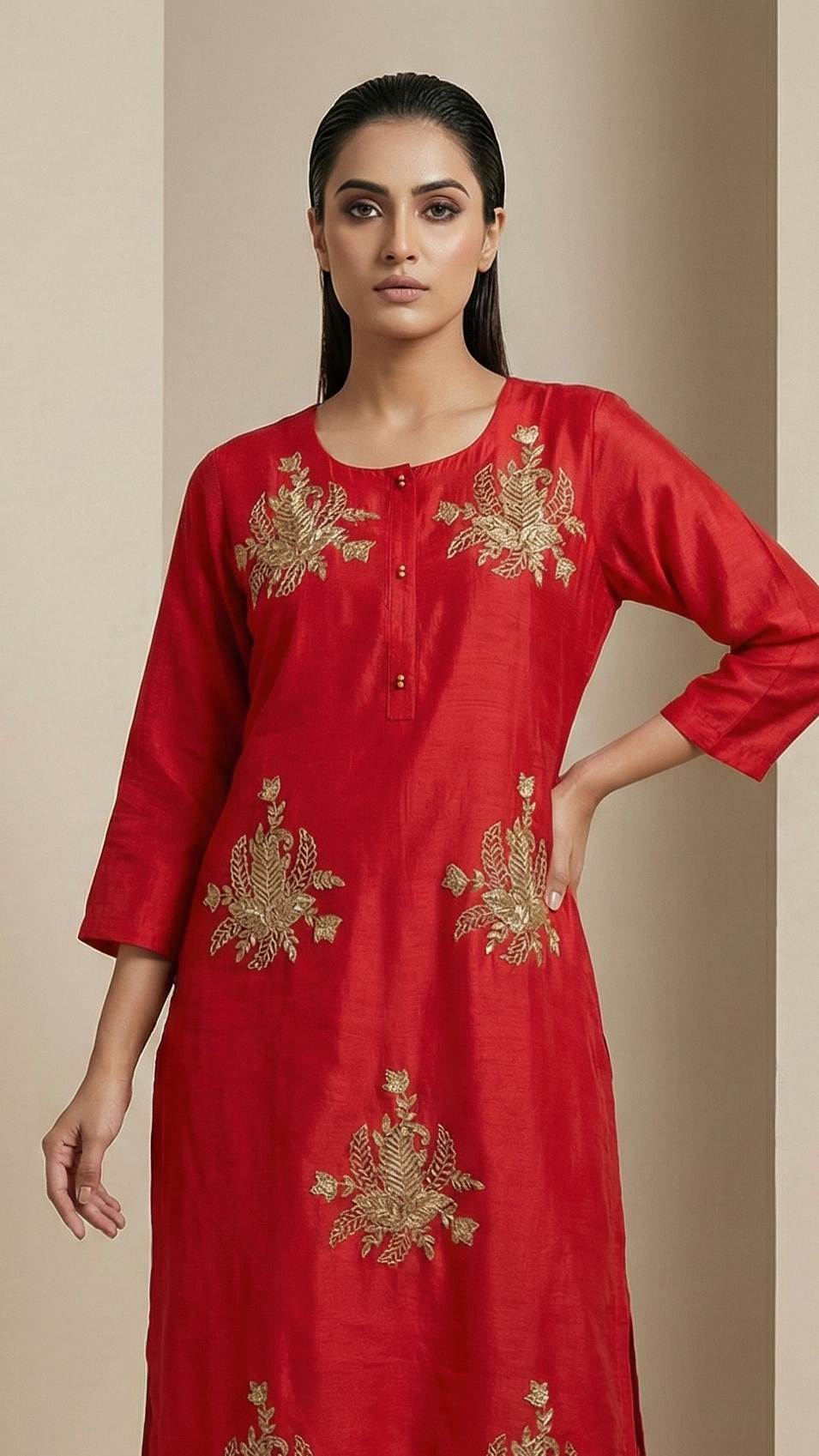 Red Pure Mulchanderi Handwork Suit Set with Matching Pants & Dupatta