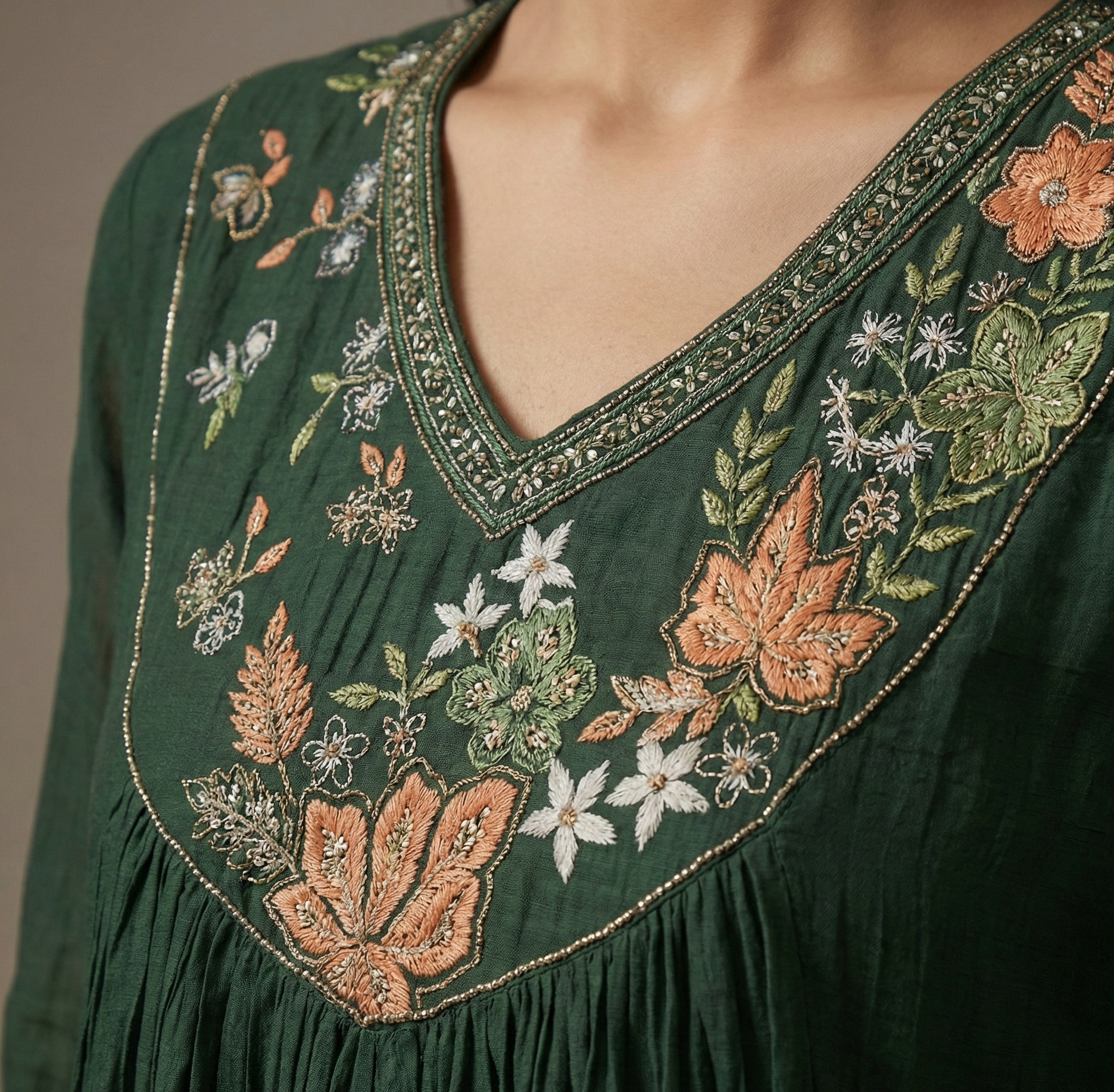 Bottle Green Pure Mulchanderi Suit Set with Handwork | Dupatta & Pants