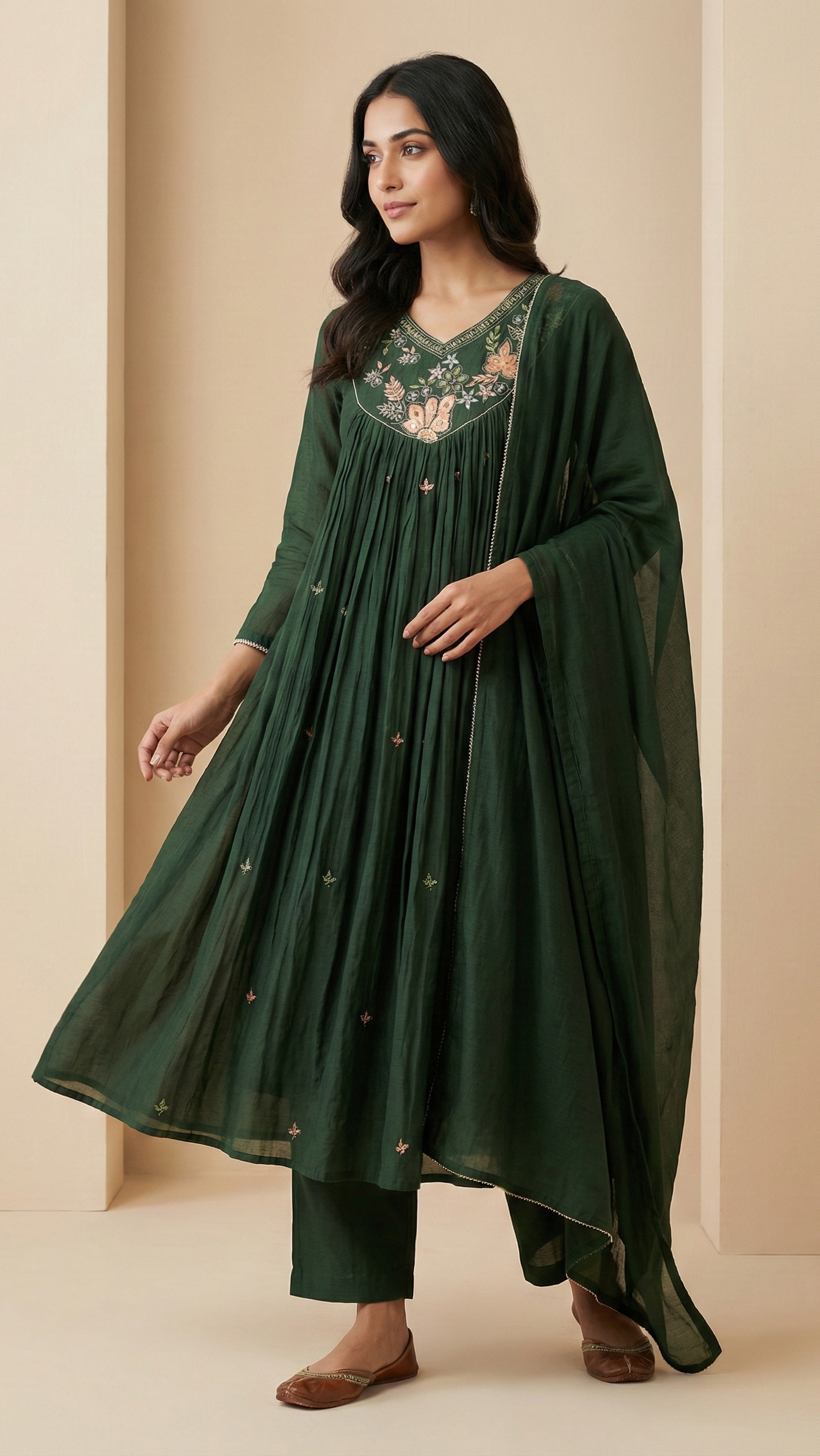 Bottle Green Pure Mulchanderi Suit Set with Handwork | Dupatta & Pants