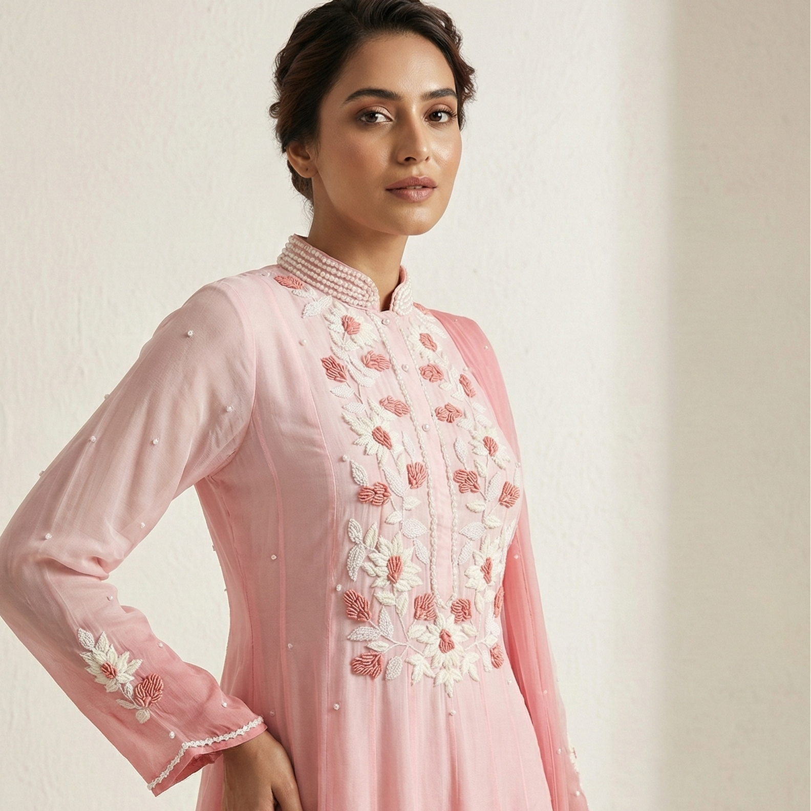 Blush Pink Ombre Chiffon Anarkali Suit Set with Pearl & Hand Embroidery
