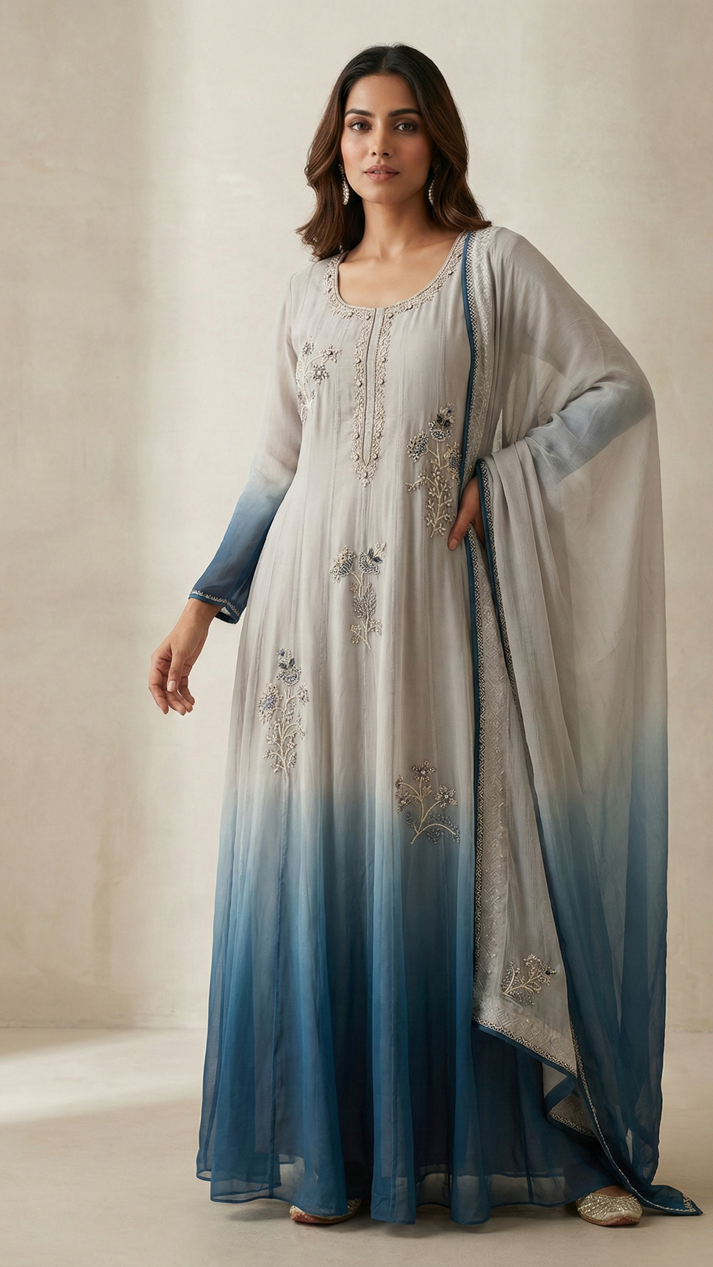 Ombre Grey-Teal Chiffon Anarkali Suit Set with Handwork Embellishment